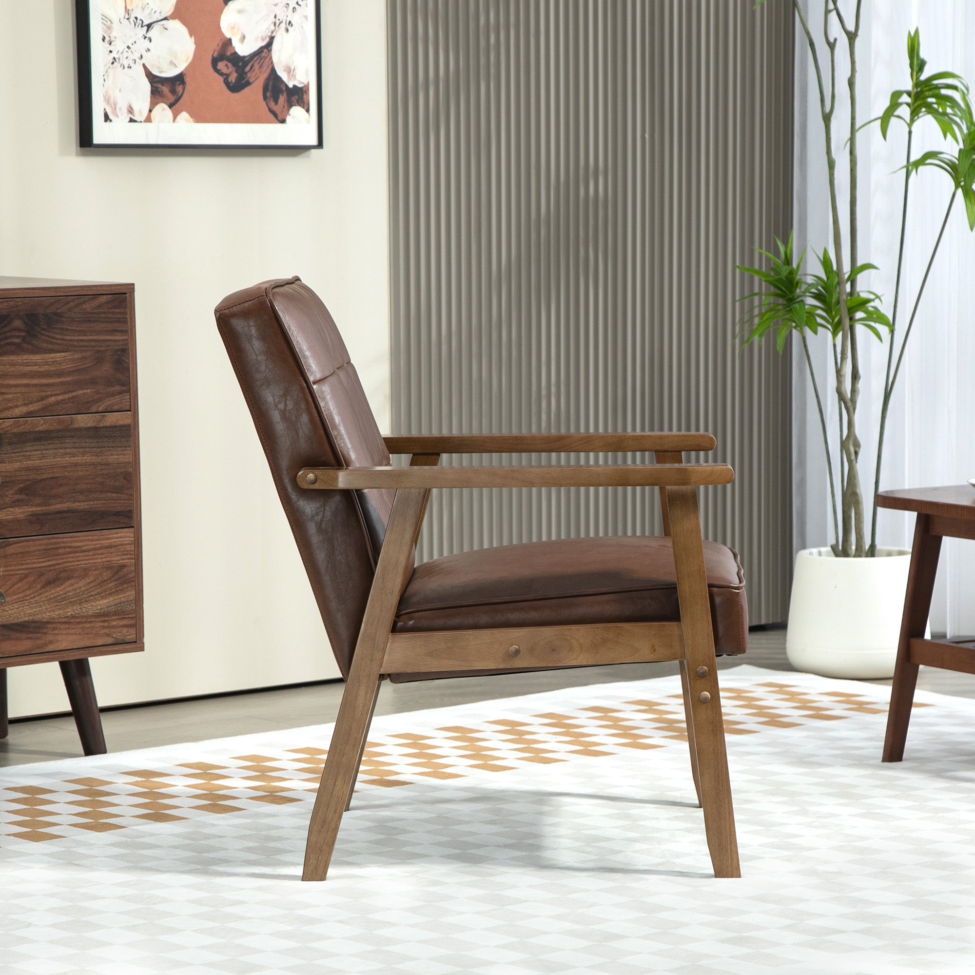 Single Armchair Single Sofa Upholstered in PU with Wooden Armrests Padded Back Load 120 kg Armchair for Living Room Bedroom Brown