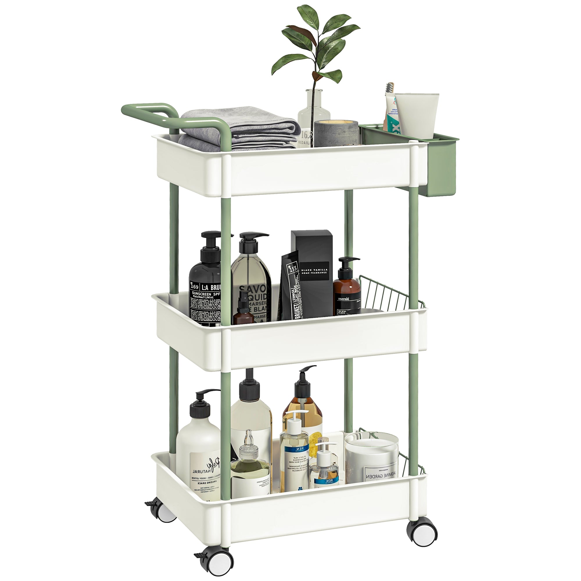 3-Tier Serving Cart with Wheels Handle Utility Cart with Hanging Basket Kitchen Rack Kitchen Trolley for Kitchen Office Bathroom, White