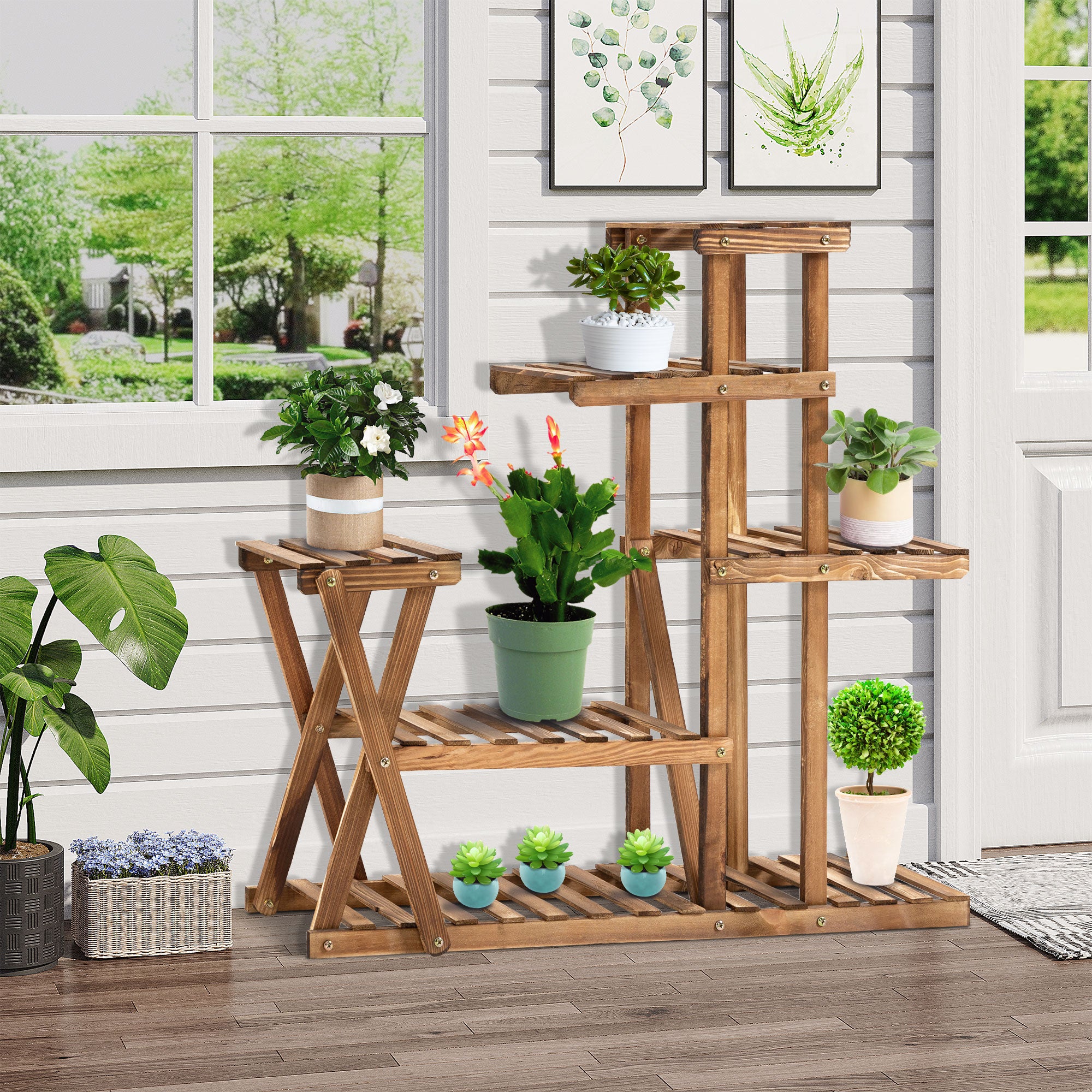 Plant Stand Plant Shelf with Wooden Legs Flower Stand with 5 Tiers Load 60 kg for Indoor and Outdoor Terrace Garden Balcony 98x28x95 cm Charred Wood