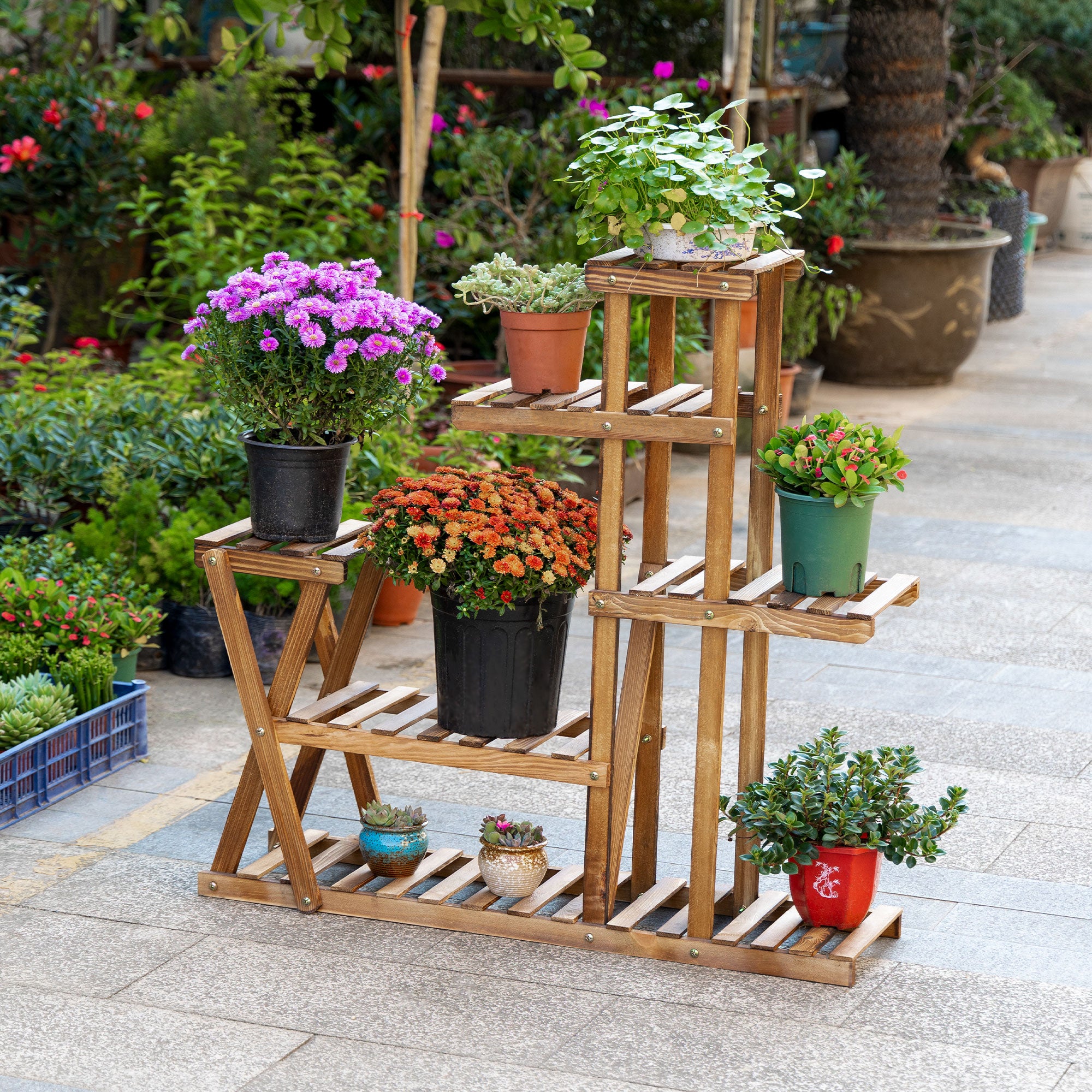 Plant Stand Plant Shelf with Wooden Legs Flower Stand with 5 Tiers Load 60 kg for Indoor and Outdoor Terrace Garden Balcony 98x28x95 cm Charred Wood