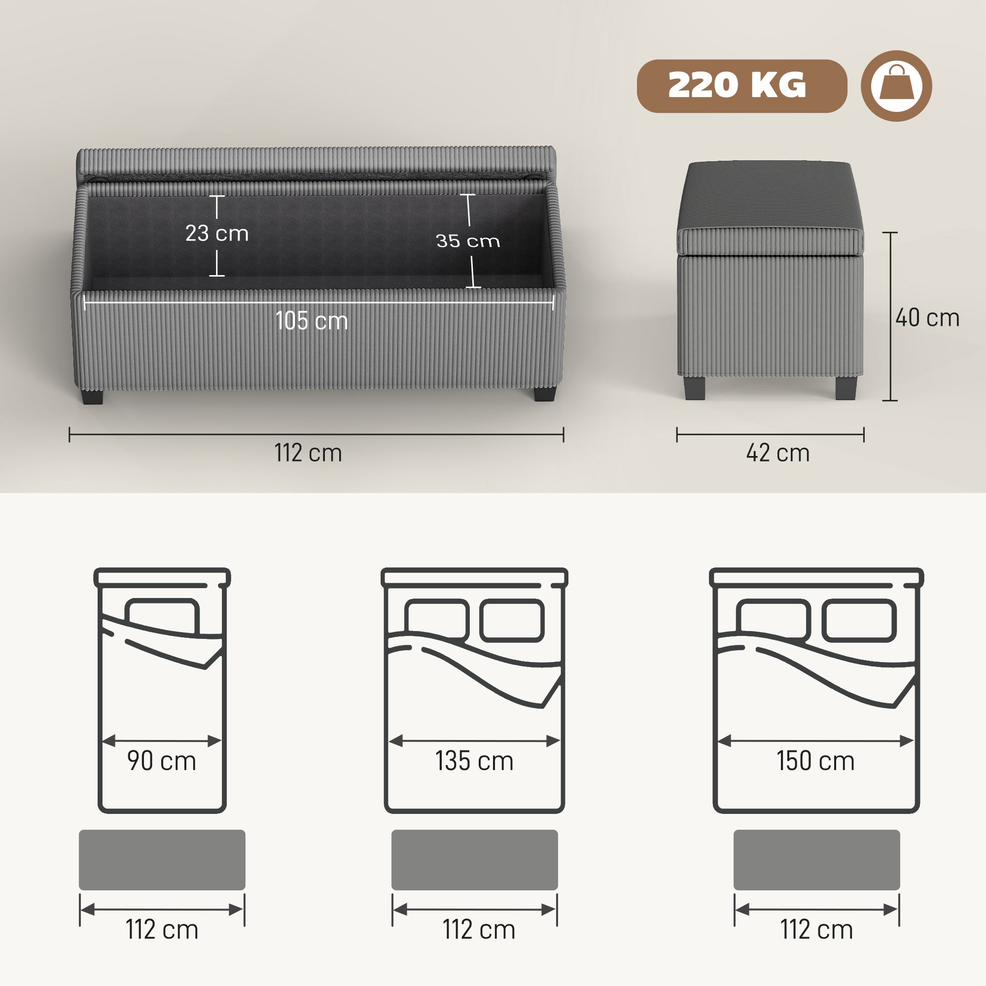 84L Corduroy Storage Bench Ottoman with Lid, Gray — 112 x 42 x 40 cm (44.1 x 16.5 x 15.7 in)