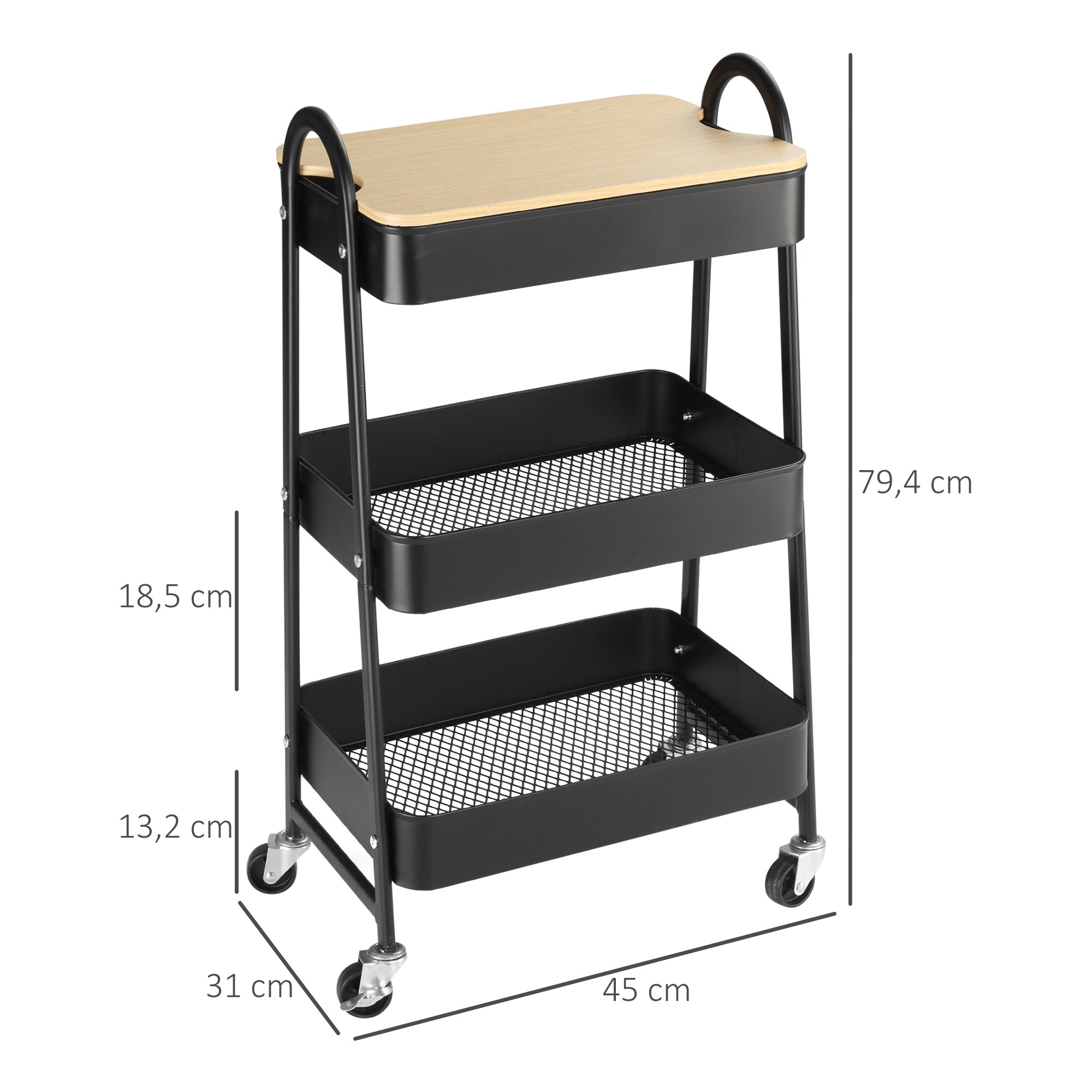 3-Tier Rolling Utility Cart Kitchen Cart with 3 Steel Baskets and 1 Cover Plate for Dining Room Bathroom 17.7x12.2x31.3 inches Black