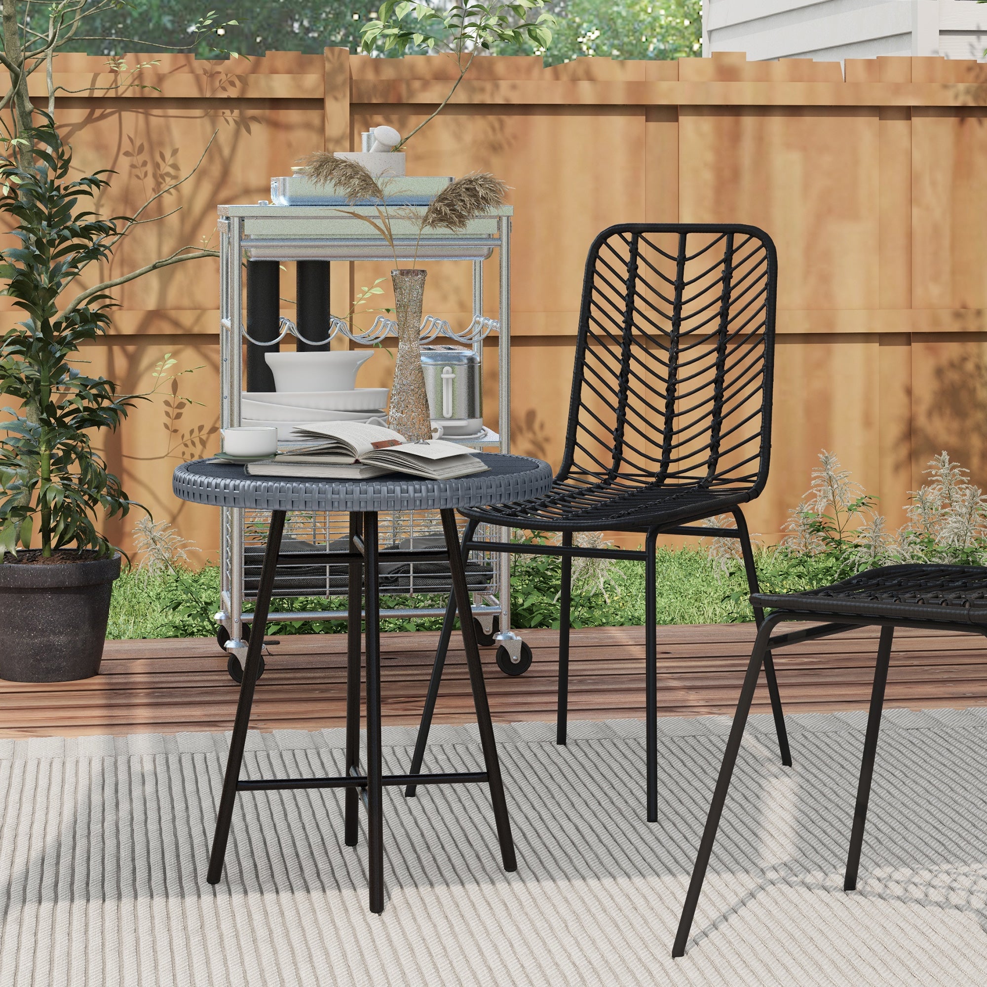 Garden Table with X Frame and Wood Plastic Table Top, Rattan and Steel Table for Indoor and Outdoor, 50x50x55 cm, Gray and Black