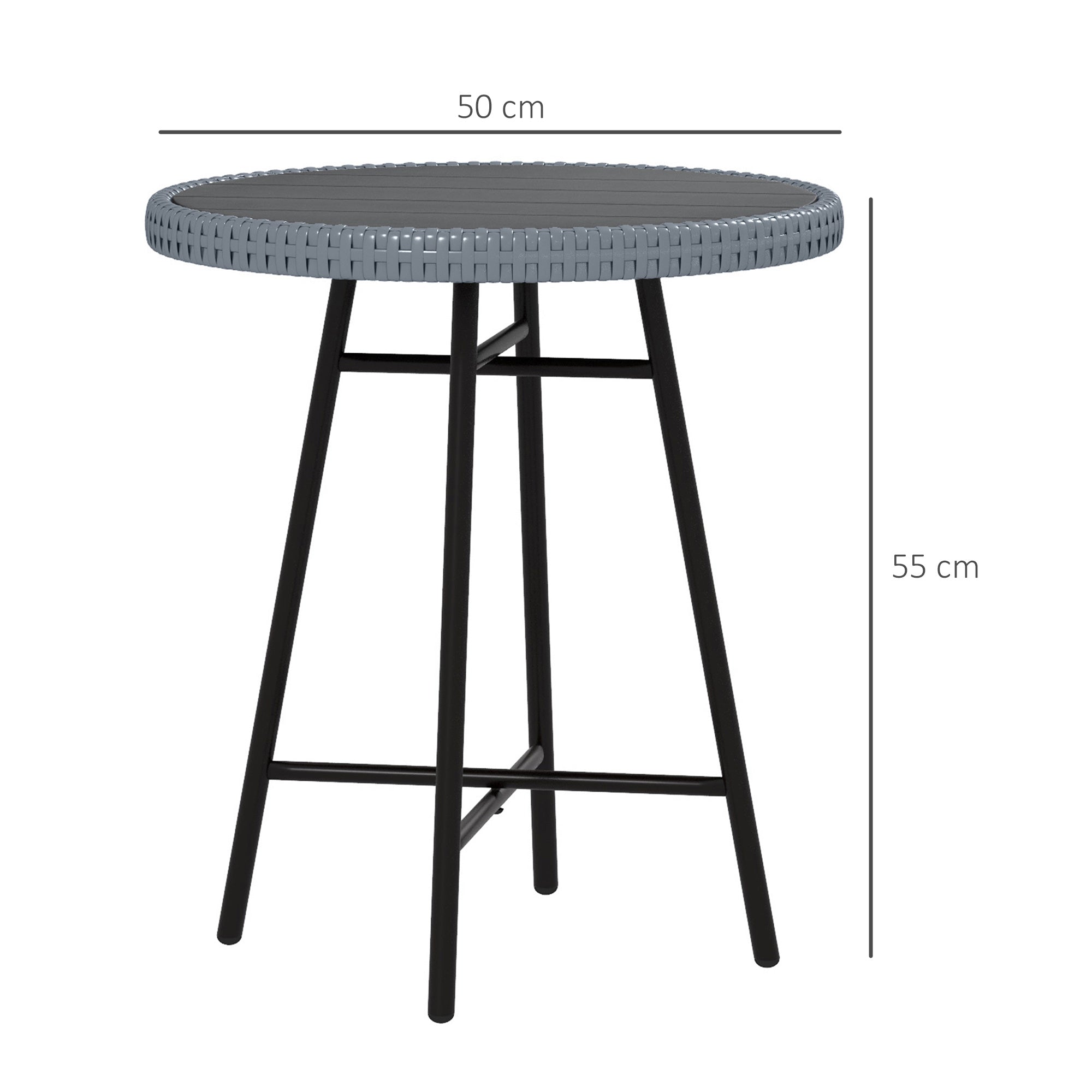 Garden Table with X Frame and Wood Plastic Table Top, Rattan and Steel Table for Indoor and Outdoor, 50x50x55 cm, Gray and Black