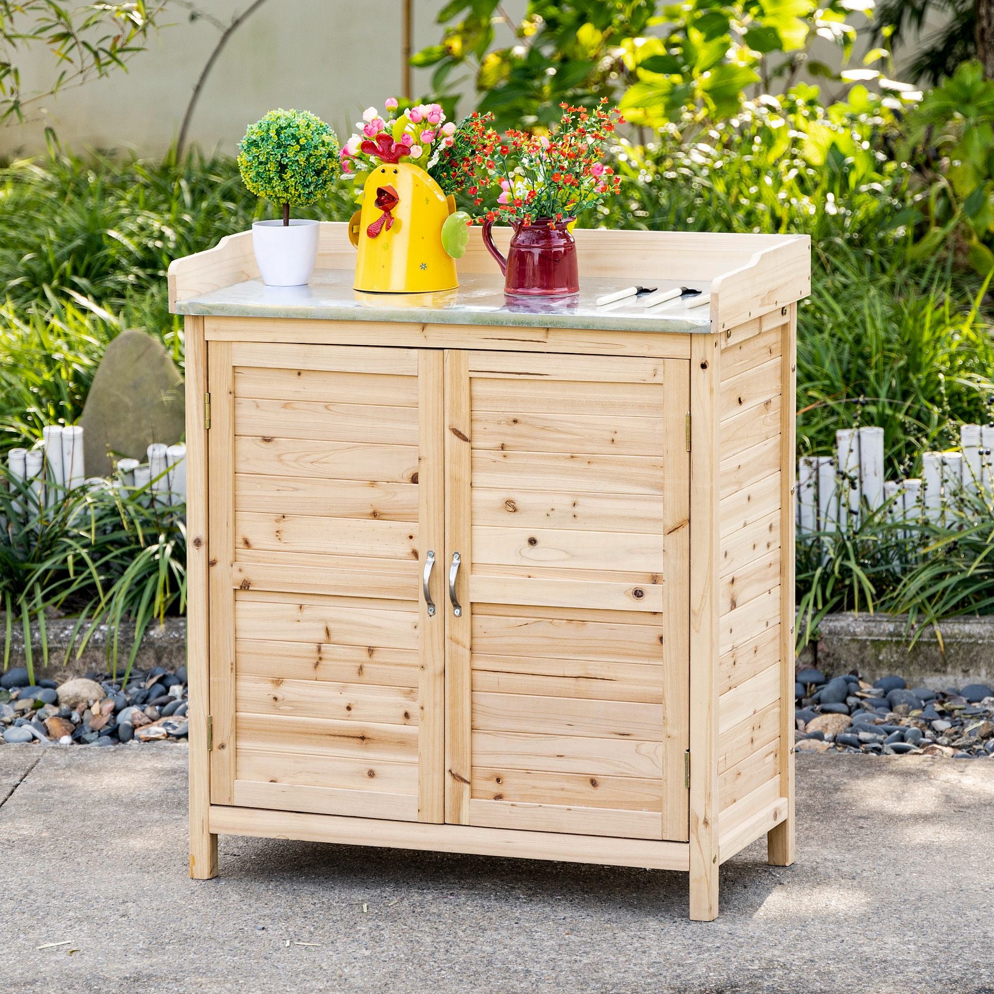 Garden Cabinet Planting Table with Base Cabinet Wooden Tool Cabinet with 2 Shelves Equipment Shed Garden Shed Outdoor Natural 83 x 40 x 92 cm