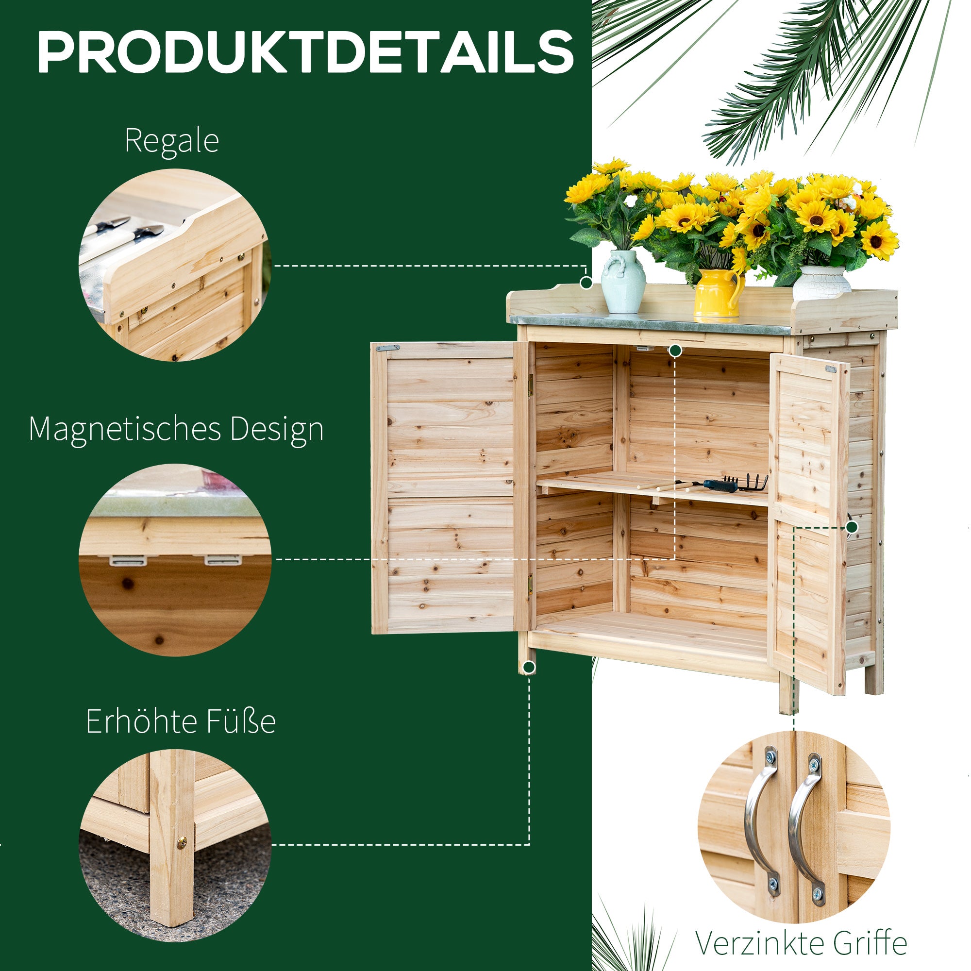 Garden Cabinet Planting Table with Base Cabinet Wooden Tool Cabinet with 2 Shelves Equipment Shed Garden Shed Outdoor Natural 83 x 40 x 92 cm