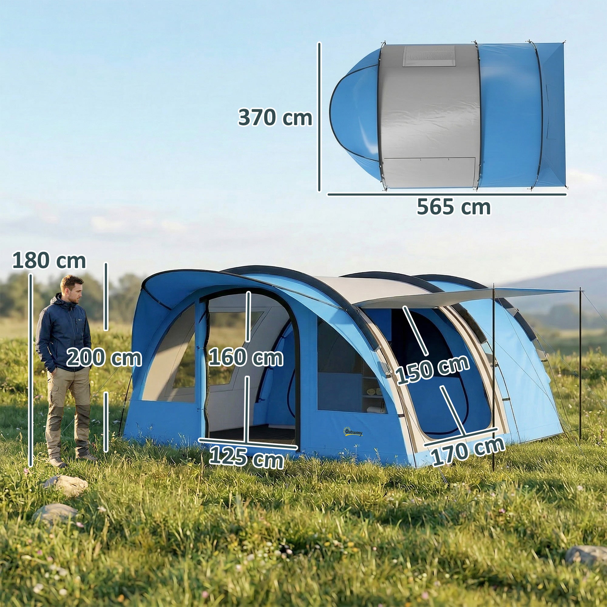 4-Person Tunnel Family Tent with Living Area, Removable Divider, Windows, Groundsheet, Standing Height — 3000 mm Waterproof (Sky Blue & Grey)