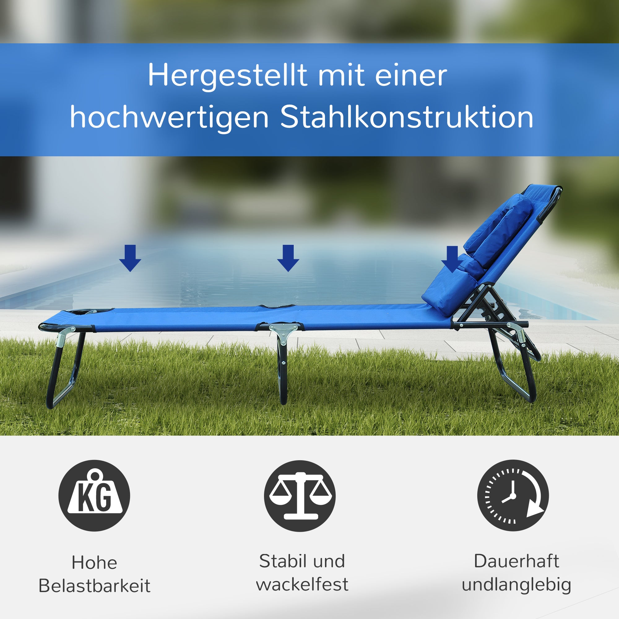 Folding Sun Lounger Garden Chair with Pillow Recliner with 4-Position Adjustable Backrest Camping Chair with Face Hole up to 120kg Load Capacity for Garden, Balcony Blue
