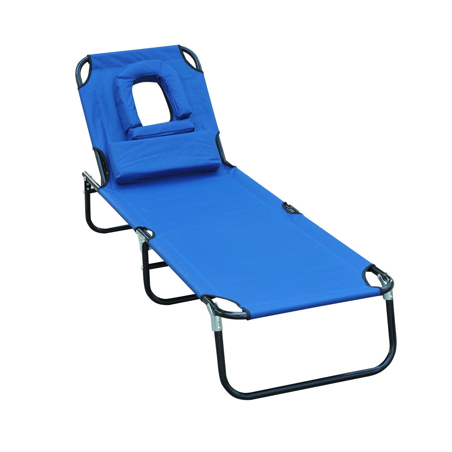 Folding Sun Lounger Garden Chair with Pillow Recliner with 4-Position Adjustable Backrest Camping Chair with Face Hole up to 120kg Load Capacity for Garden, Balcony Blue