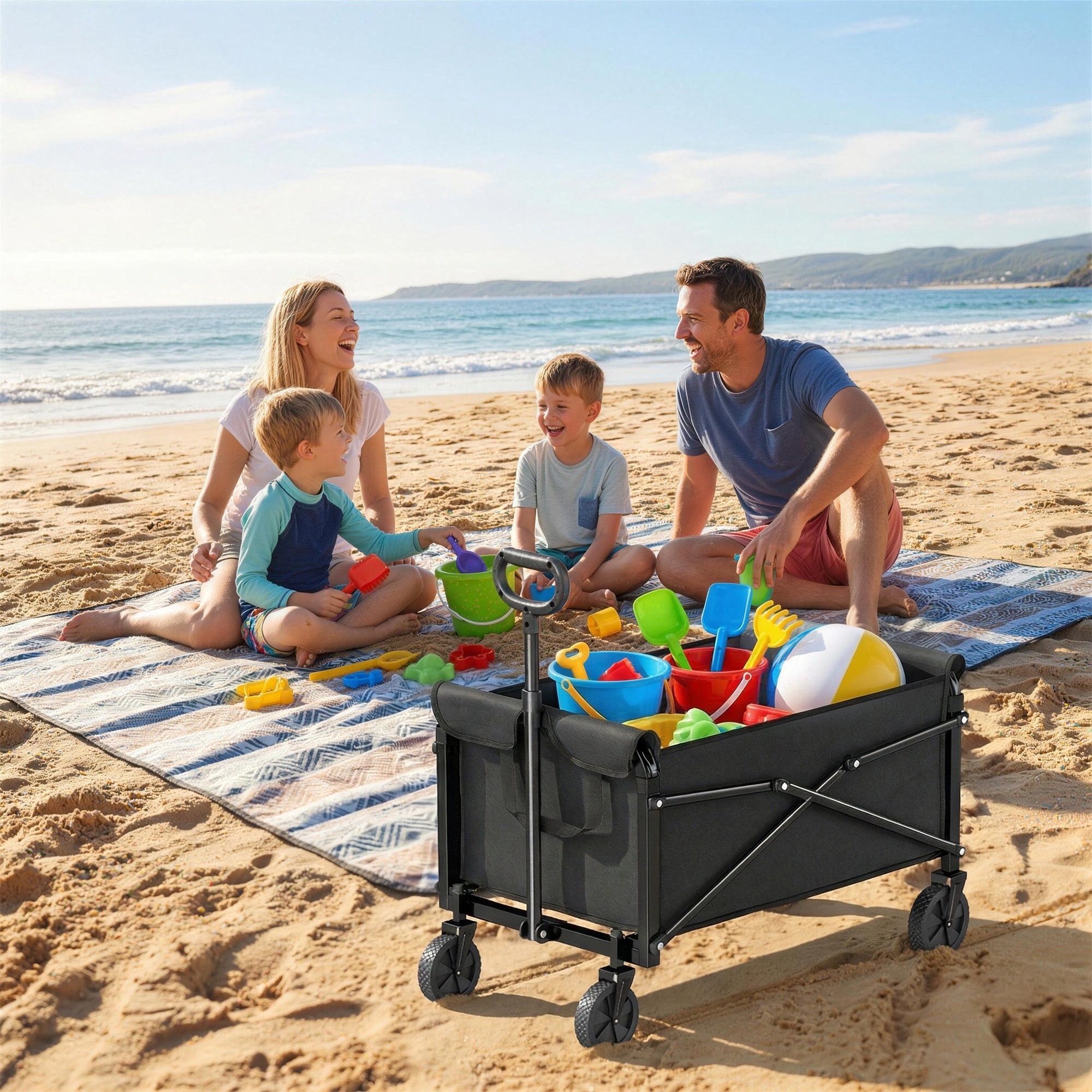 Folding Wagon 81 L Compact Collapsible Hand Cart with Adjustable Handle, Brake — 50 kg Capacity, Garden & Shopping Utility Cart