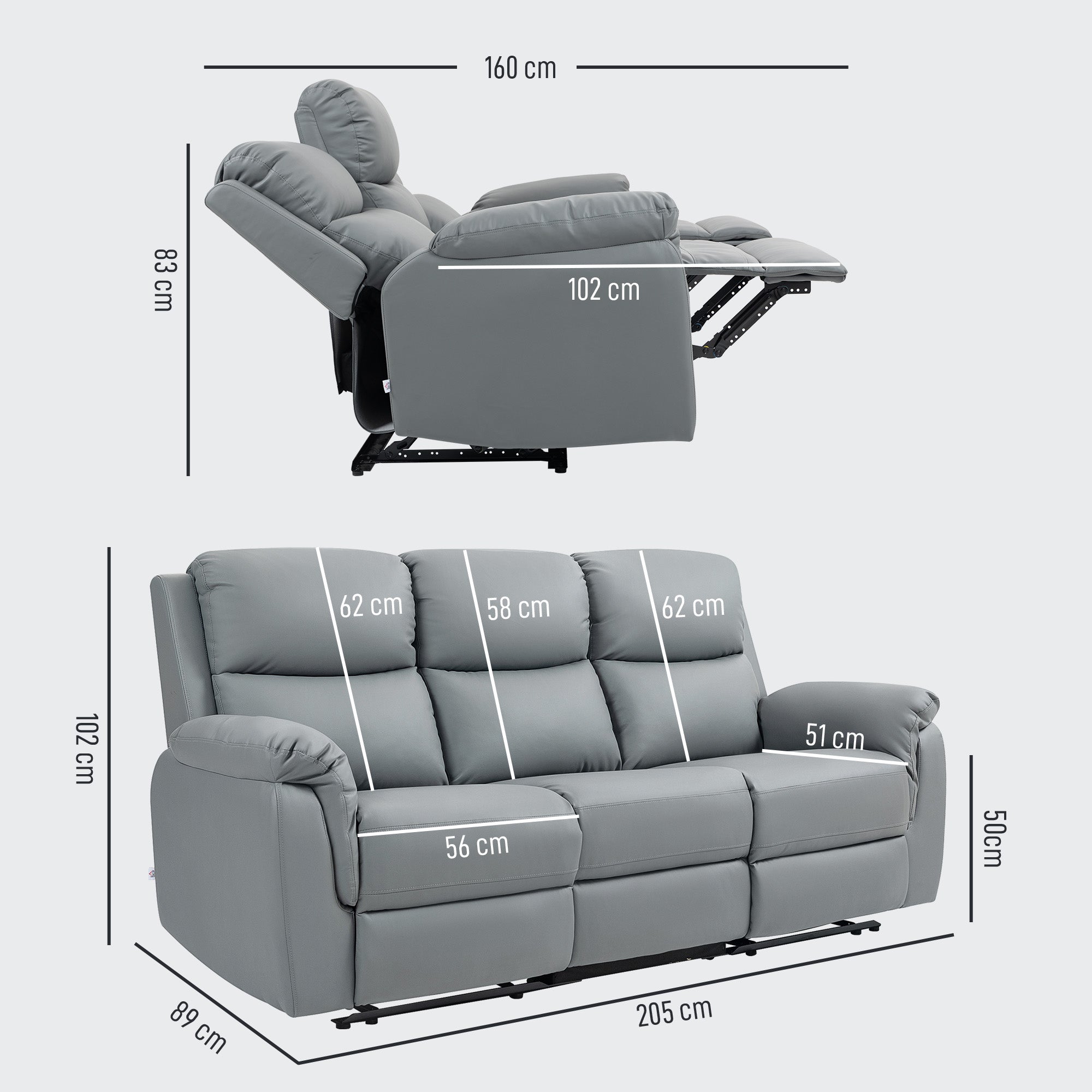 TV Armchair Recliner with Reclining Function, 3 Seater Sofa TV Chair with Pocket Springs, Double Reclining Chair, Footrest, Quick Assembly for Living Room, Dark Grey