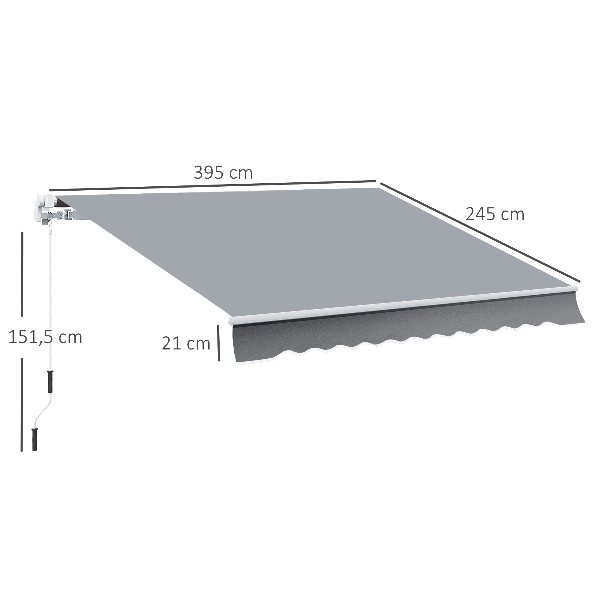 Clamp Awning with Hand Crank Height Adjustable Arm Awning Awning Sun Protection UV Resistant Balcony Awning incl. Wall Bracket Sun Awning 395cm wide for Patio Balcony White + Grey