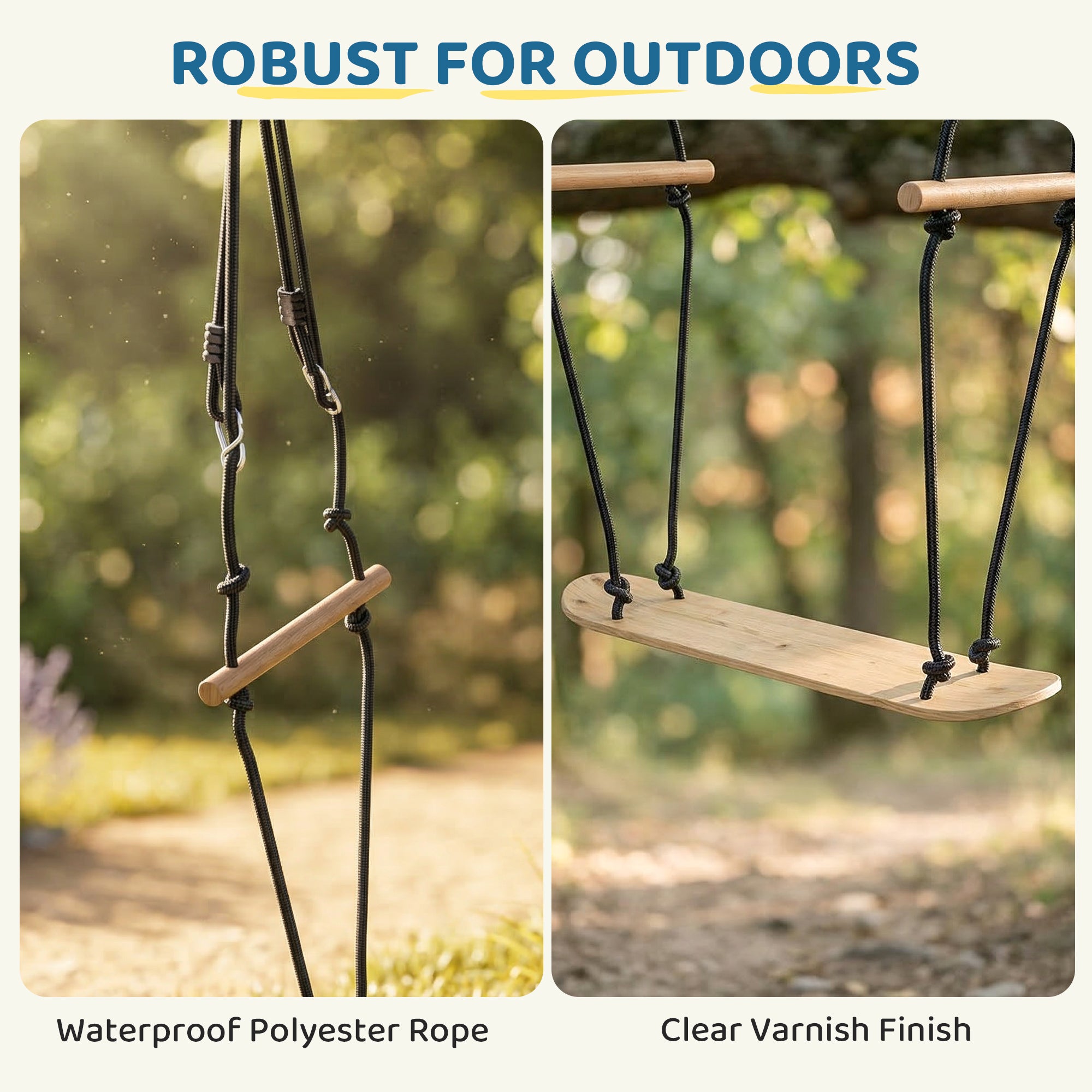 Skateboard-Style Kids Swing — Adjustable Height, Non-Slip Deck, Weatherproof Rope & Handles, Holds up to 220 lb (100 kg), Ages 3+