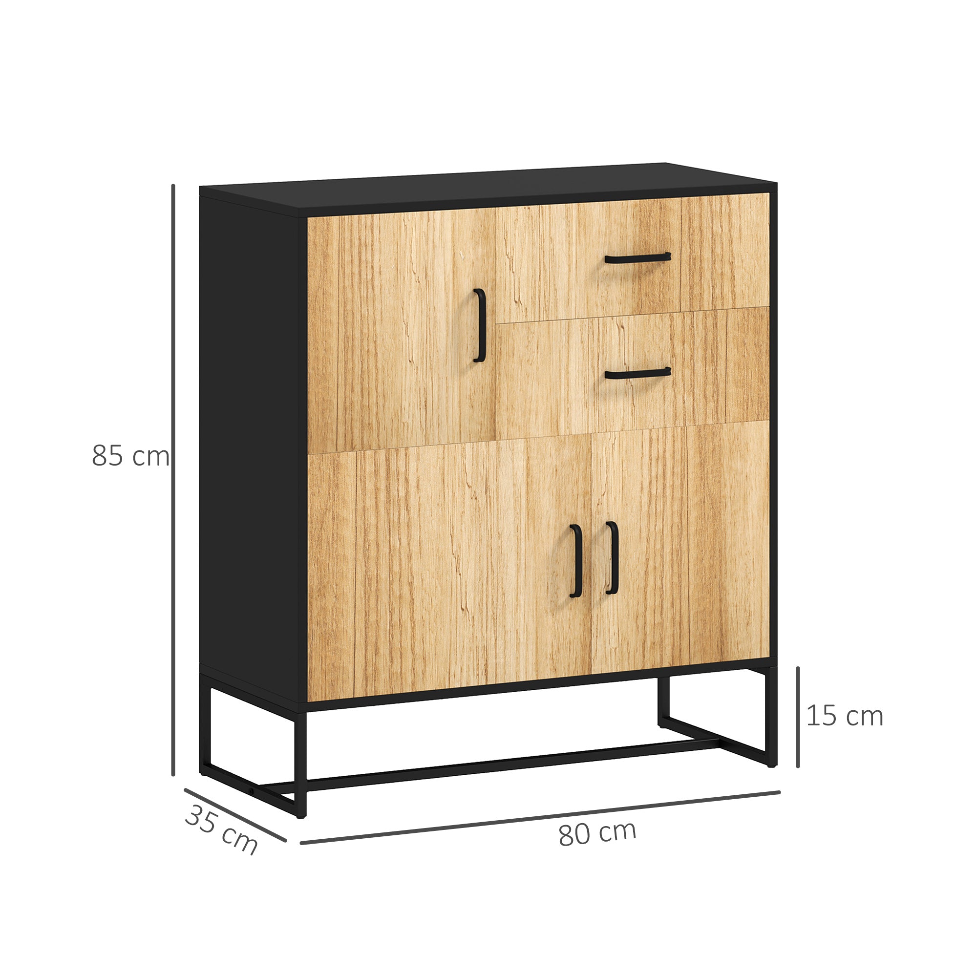 Modern Sideboard with 3 Cabinets and 2 Drawers, Multi-Purpose Cabinet in Particleboard and Steel, 80x35x85 cm, Black and Wood Color