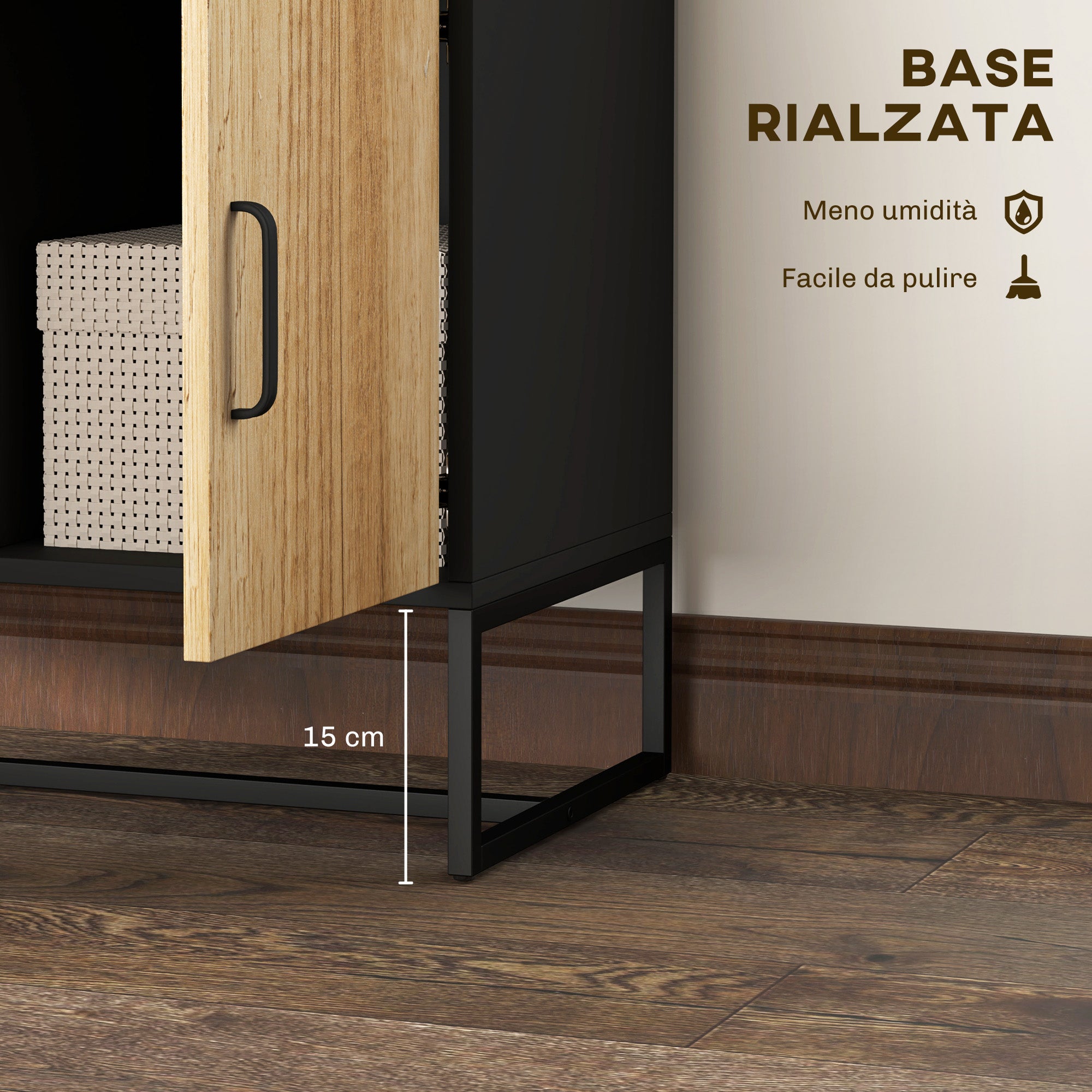 Modern Sideboard with 3 Cabinets and 2 Drawers, Multi-Purpose Cabinet in Particleboard and Steel, 80x35x85 cm, Black and Wood Color