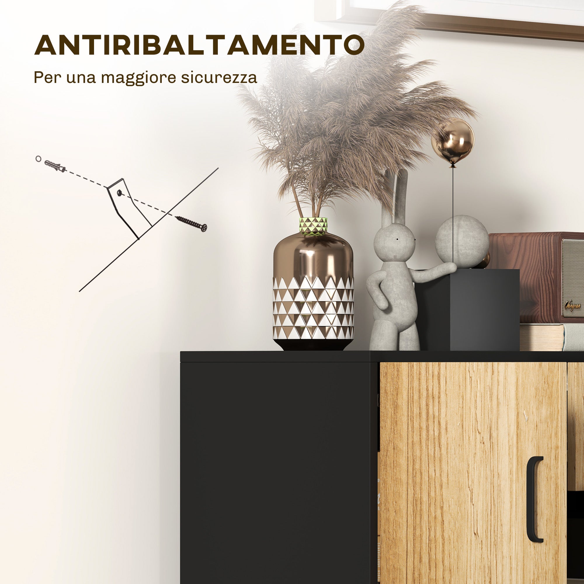 Modern Sideboard with 3 Cabinets and 2 Drawers, Multi-Purpose Cabinet in Particleboard and Steel, 80x35x85 cm, Black and Wood Color
