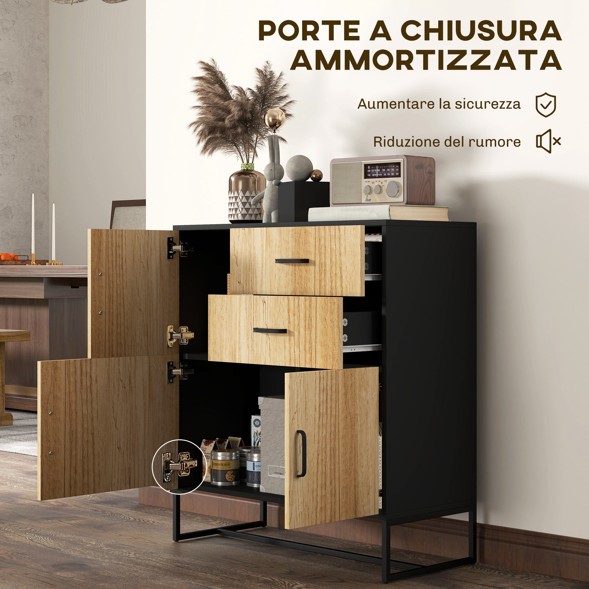 Modern Sideboard with 3 Cabinets and 2 Drawers, Multi-Purpose Cabinet in Particleboard and Steel, 80x35x85 cm, Black and Wood Color