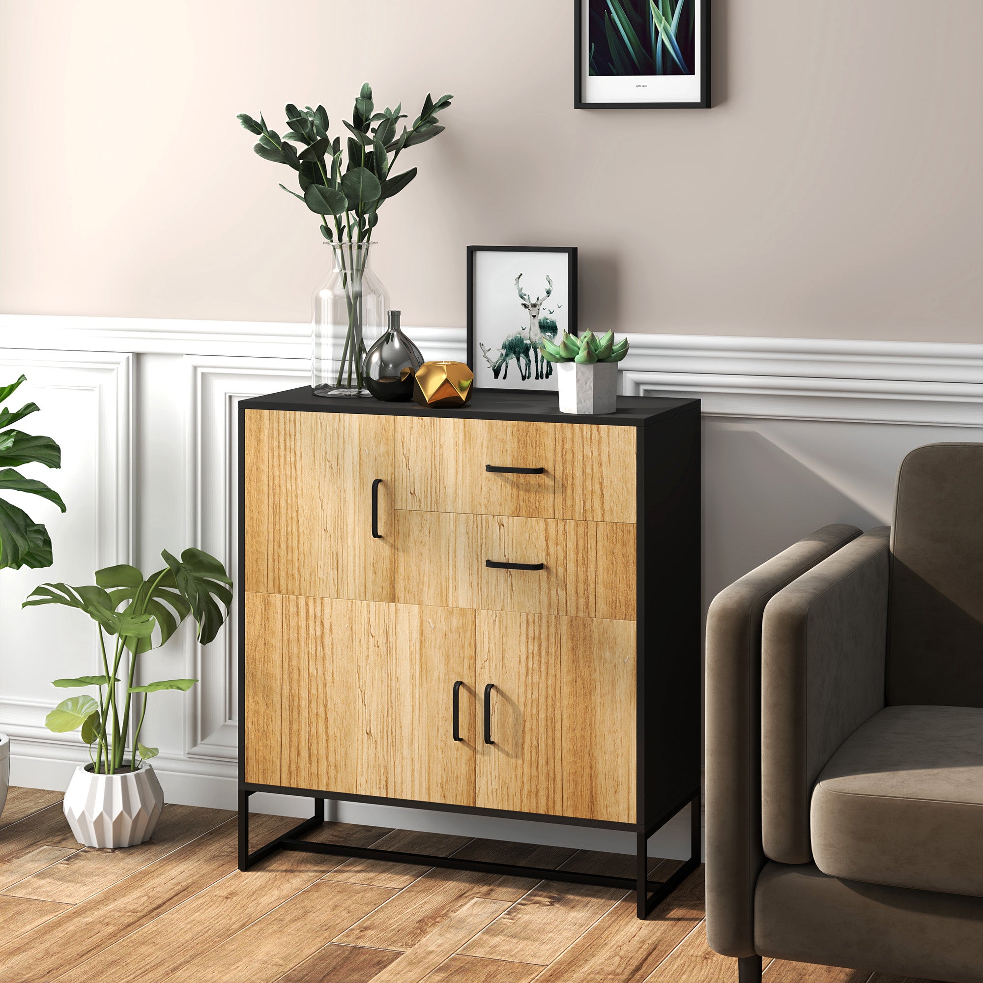 Modern Sideboard with 3 Cabinets and 2 Drawers, Multi-Purpose Cabinet in Particleboard and Steel, 80x35x85 cm, Black and Wood Color
