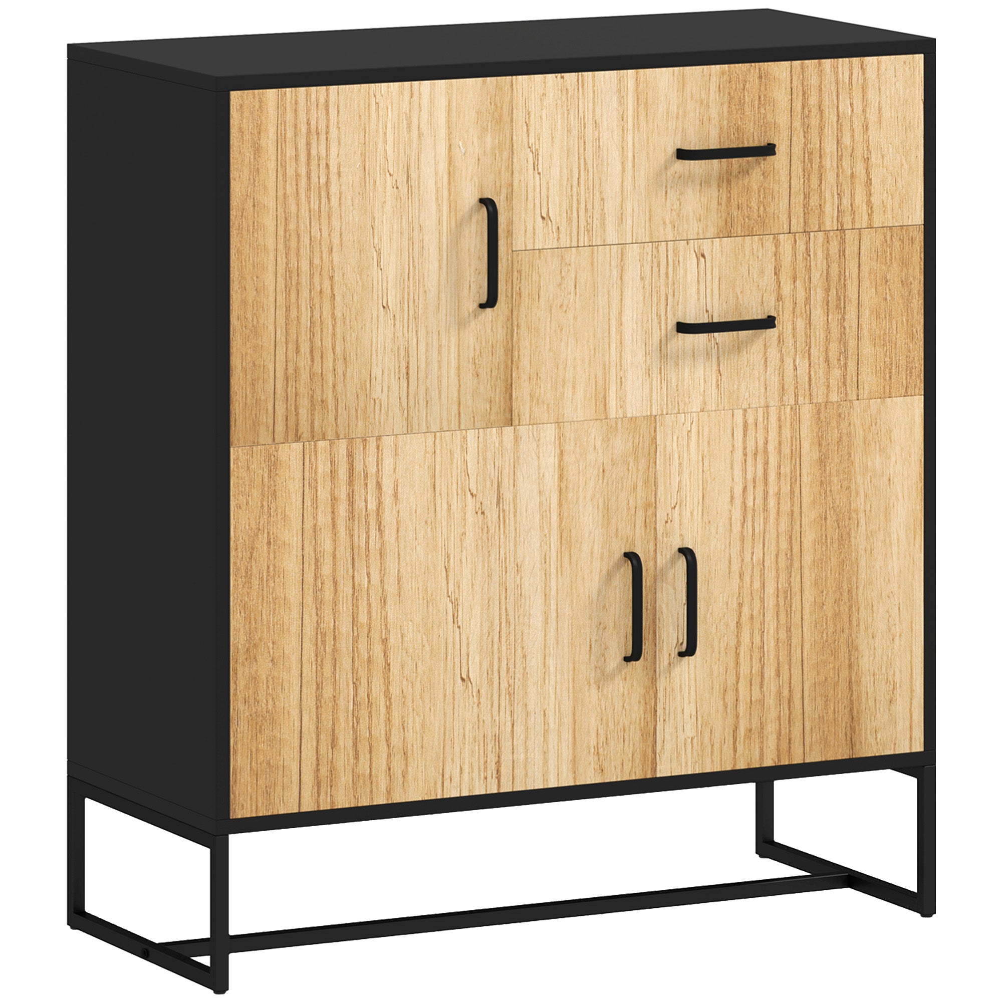 Modern Sideboard with 3 Cabinets and 2 Drawers, Multi-Purpose Cabinet in Particleboard and Steel, 80x35x85 cm, Black and Wood Color