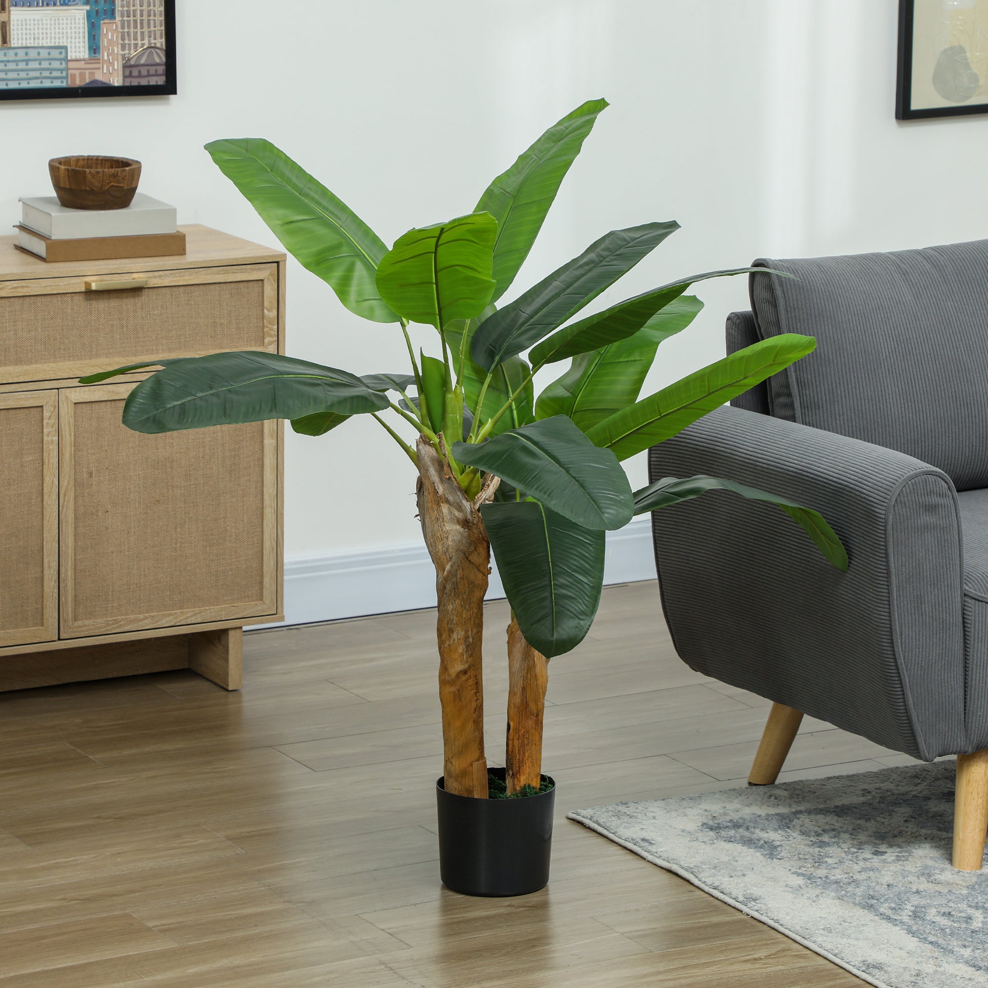 Artificial Banana Tree 2 Piece Large 120 cm Faux Plant, Artificial Banana Tree Plants with Pot, Artificial Moss, Artificial Grass for Living Room Bedroom