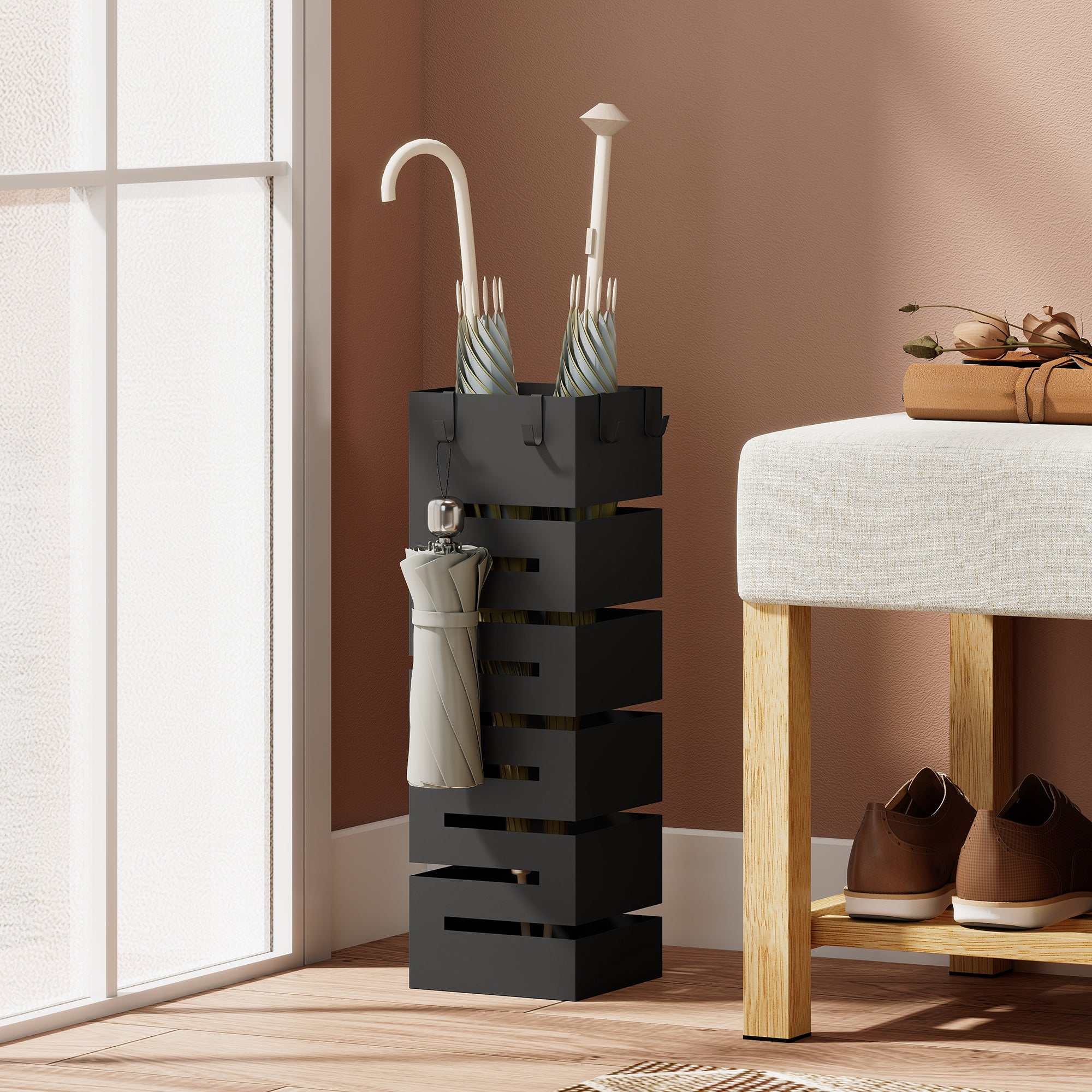 Metal Umbrella Stand, Square Holder with Removable Drip Tray & 4 Hooks, for Entryway, 15.5 x 15.5 x 49 cm (6.1 x 6.1 x 19.3 in), Black