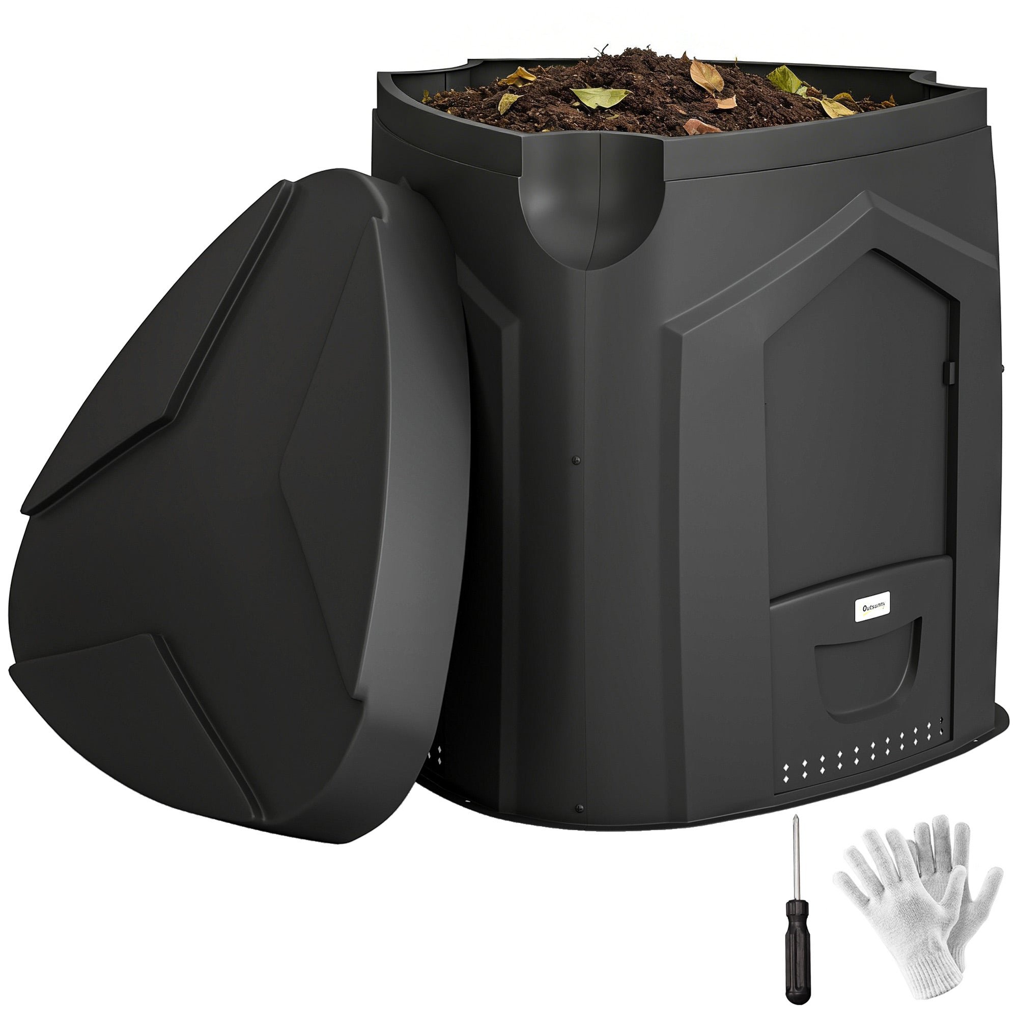 Garden Composter, 240 L (63.4 gal), 78 x 75 x 78 cm Triangular Compost Bin with 3 Doors, 66 Vent Holes & Open Bottom — Includes Gloves & Screwdriver, Black