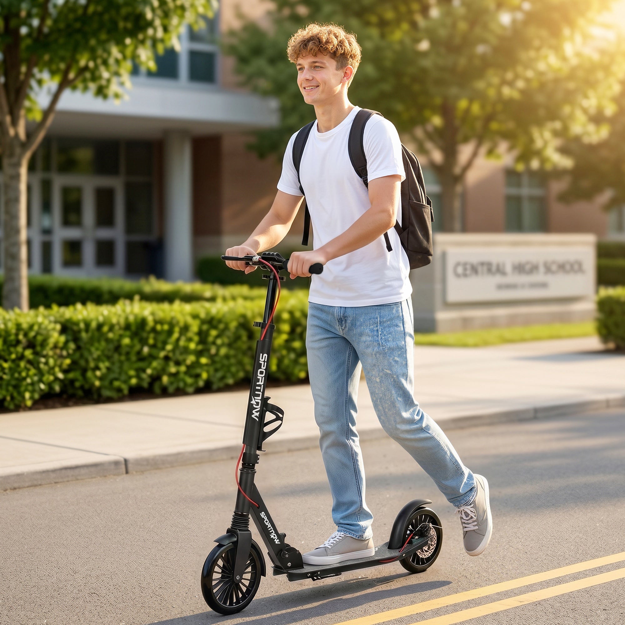 SPORTNOW Adjustable & Folding Aluminum City Scooter — 8" PU Wheels, ABEC-7 Bearings, Dual Brakes, Cup Holder — Up to 220 lb