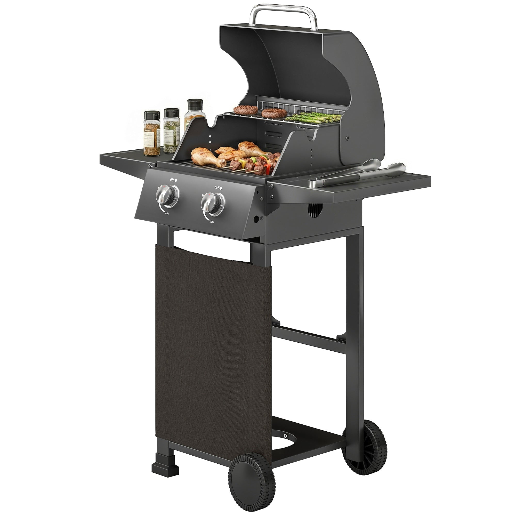 5.4 kW 2-Burner Propane Gas Grill Cart — Steel BBQ with Folding Side Shelves, Lid Thermometer, Chrome Cooking Grates, Warming Rack, Wheels & Storage Cabinet — Black