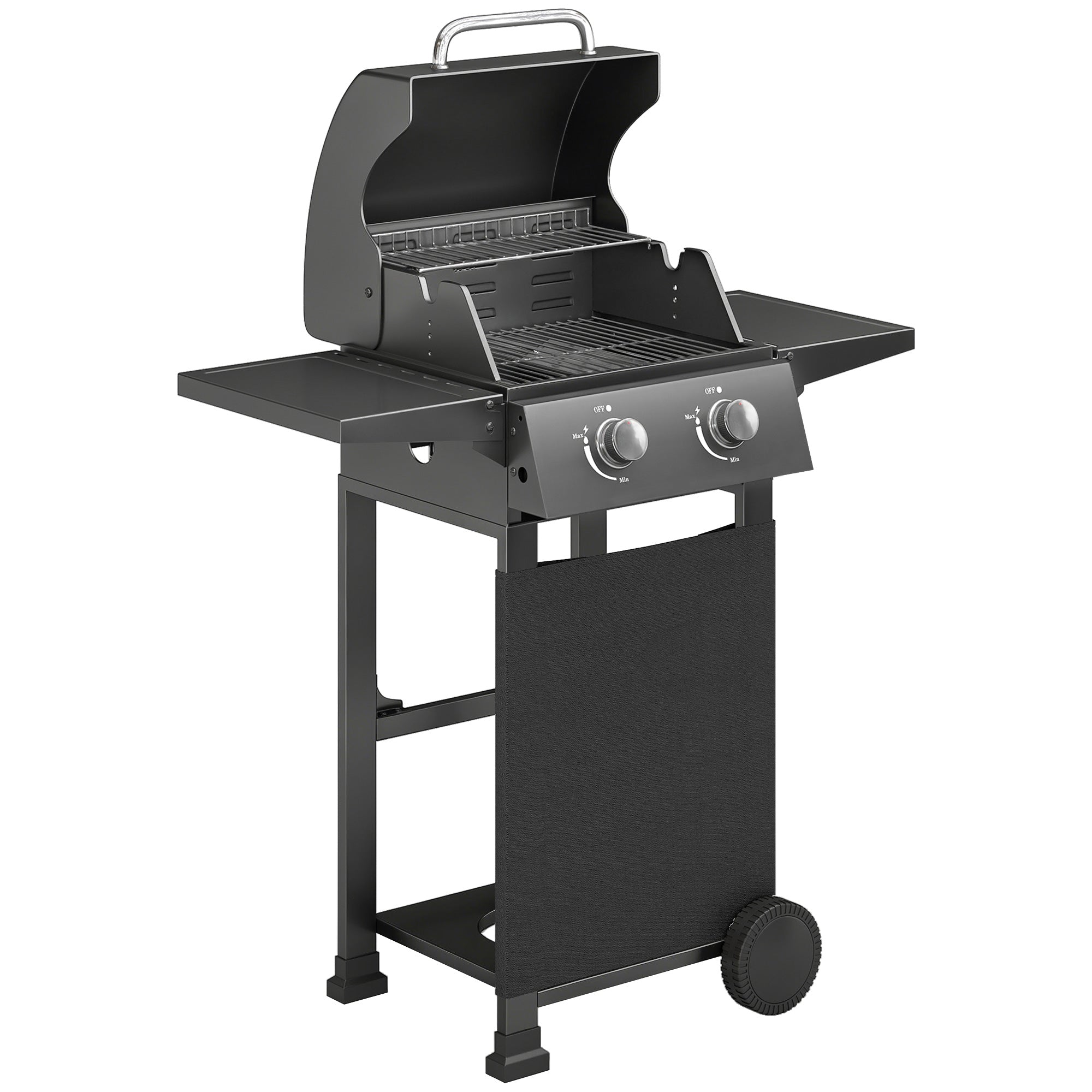 5.4 kW 2-Burner Propane Gas Grill Cart — Steel BBQ with Folding Side Shelves, Lid Thermometer, Chrome Cooking Grates, Warming Rack, Wheels & Storage Cabinet — Black