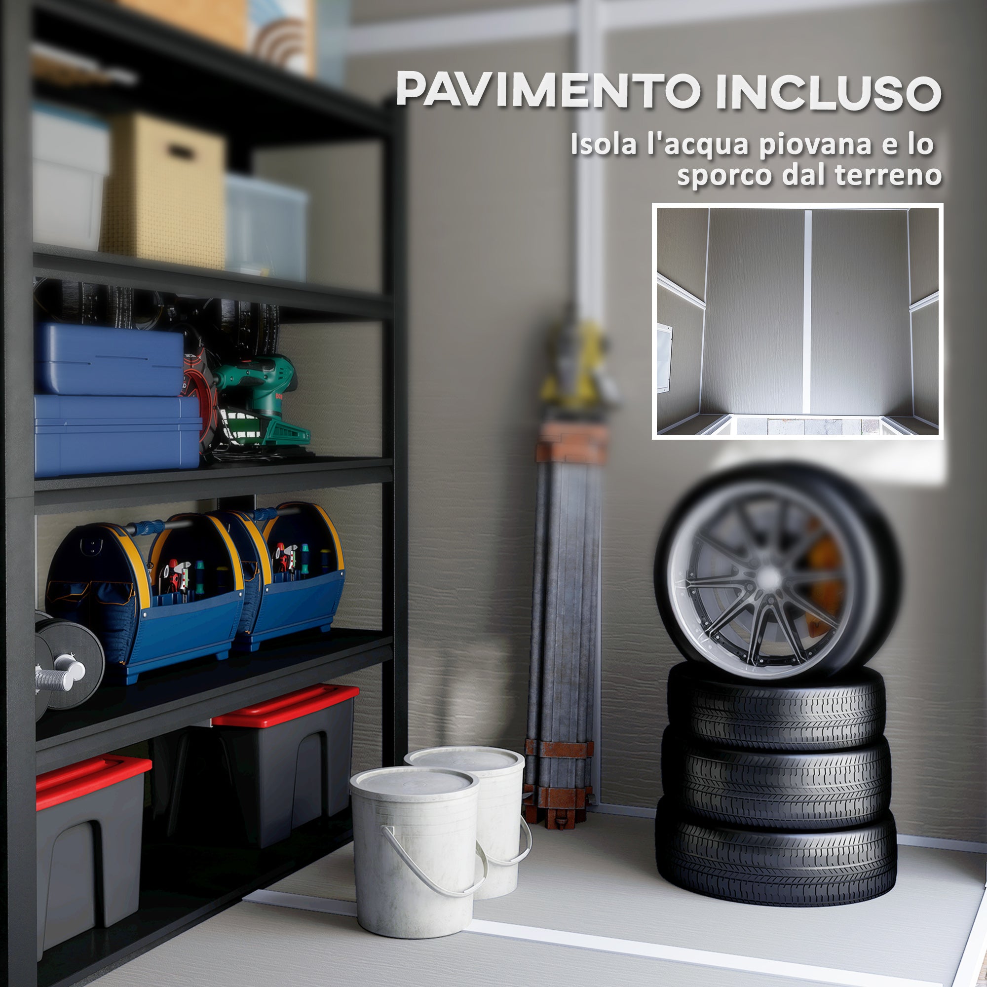 Garden Tool Shed in Weathered Wood Finish with Floor, 2.91m² Garden Shed with Double Doors and Lock, Sloping Roof, 181x181x220cm, Gray