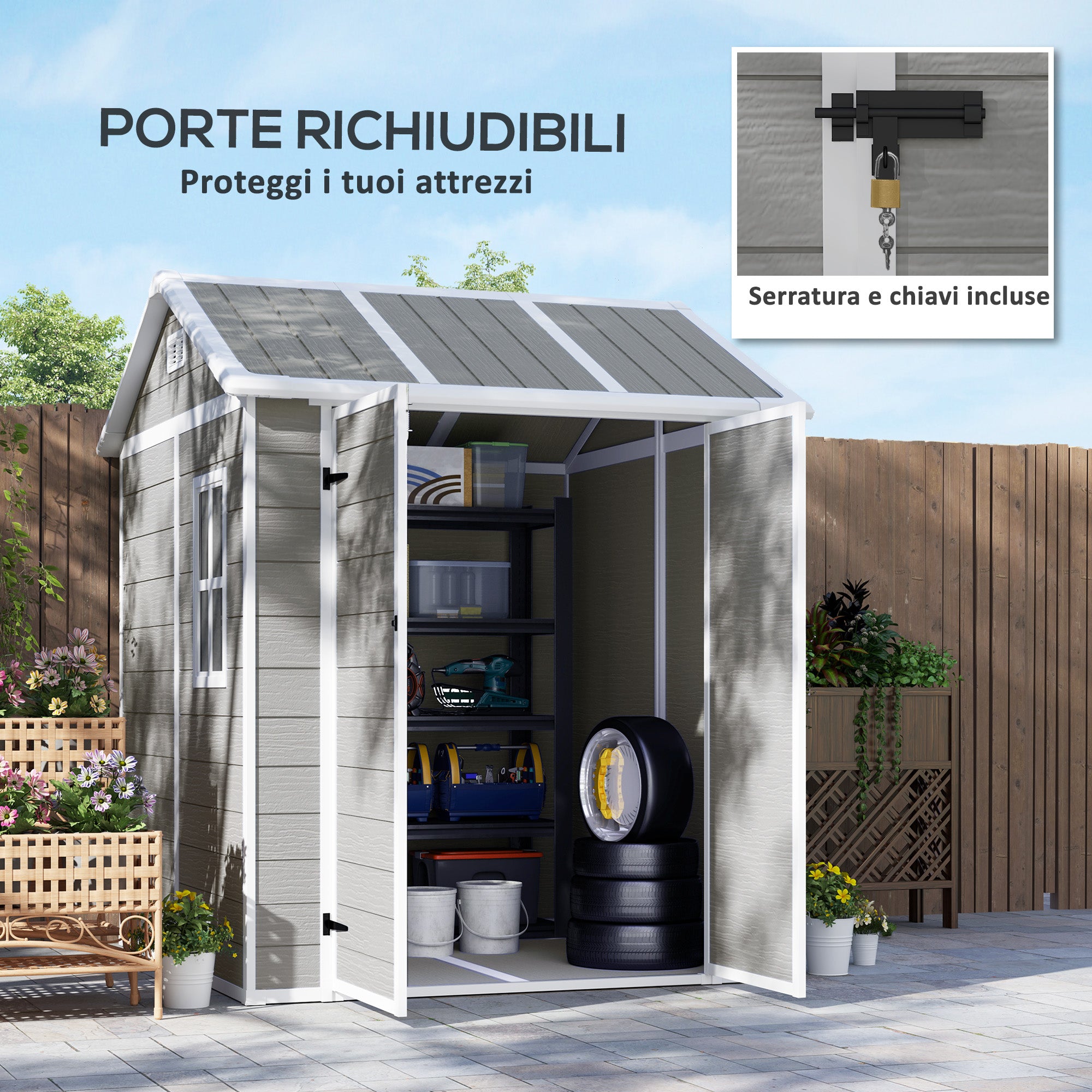 Garden Tool Shed in Weathered Wood Finish with Floor, 2.91m² Garden Shed with Double Doors and Lock, Sloping Roof, 181x181x220cm, Gray