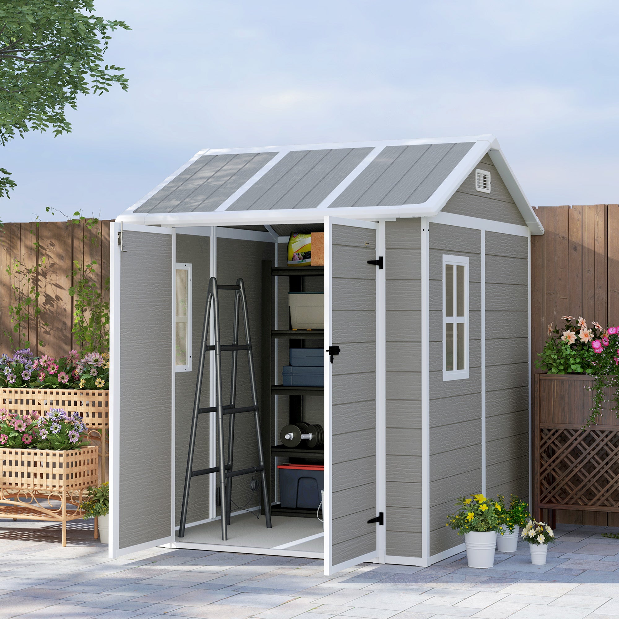 Garden Tool Shed in Weathered Wood Finish with Floor, 2.91m² Garden Shed with Double Doors and Lock, Sloping Roof, 181x181x220cm, Gray