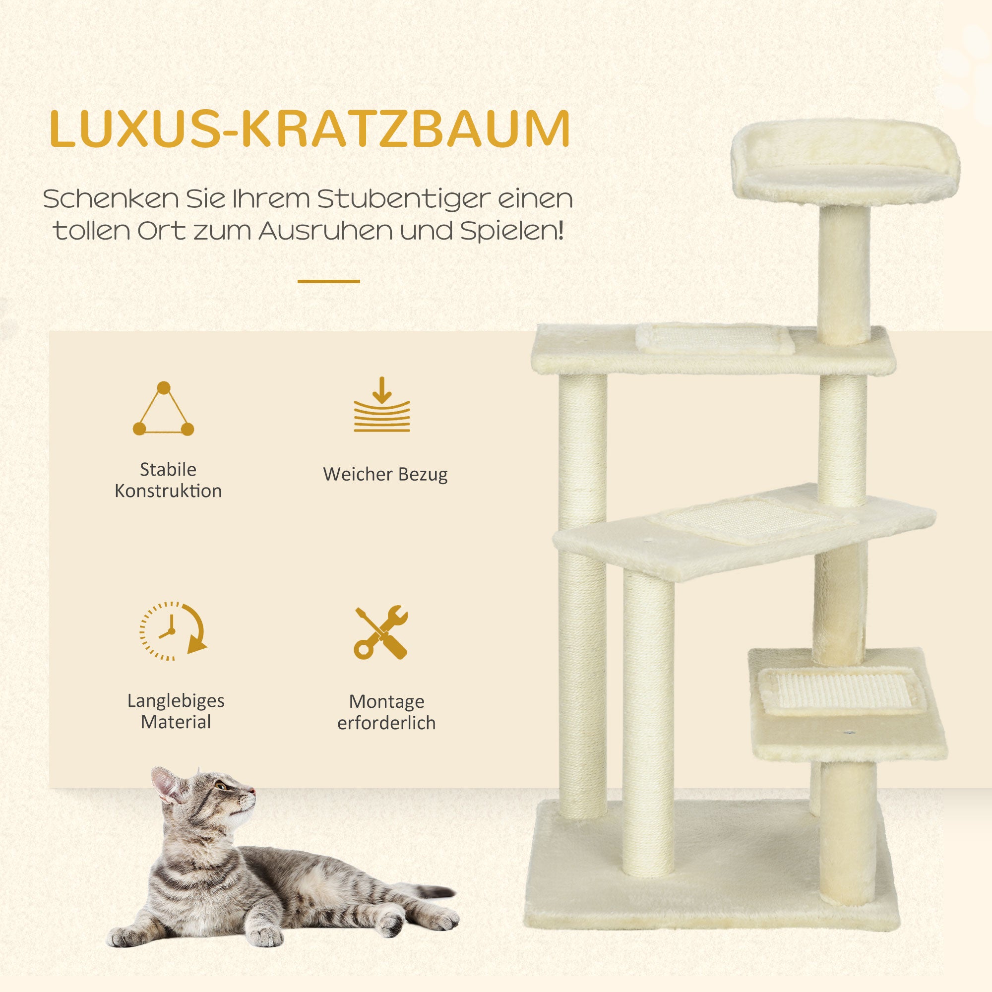 Cat Tree 100 cm Cat Tower with Sisal Posts, Large Platform, Multi-Level Cat Scratching Tree, Climbing Tree, for Small & Medium Cats, Beige