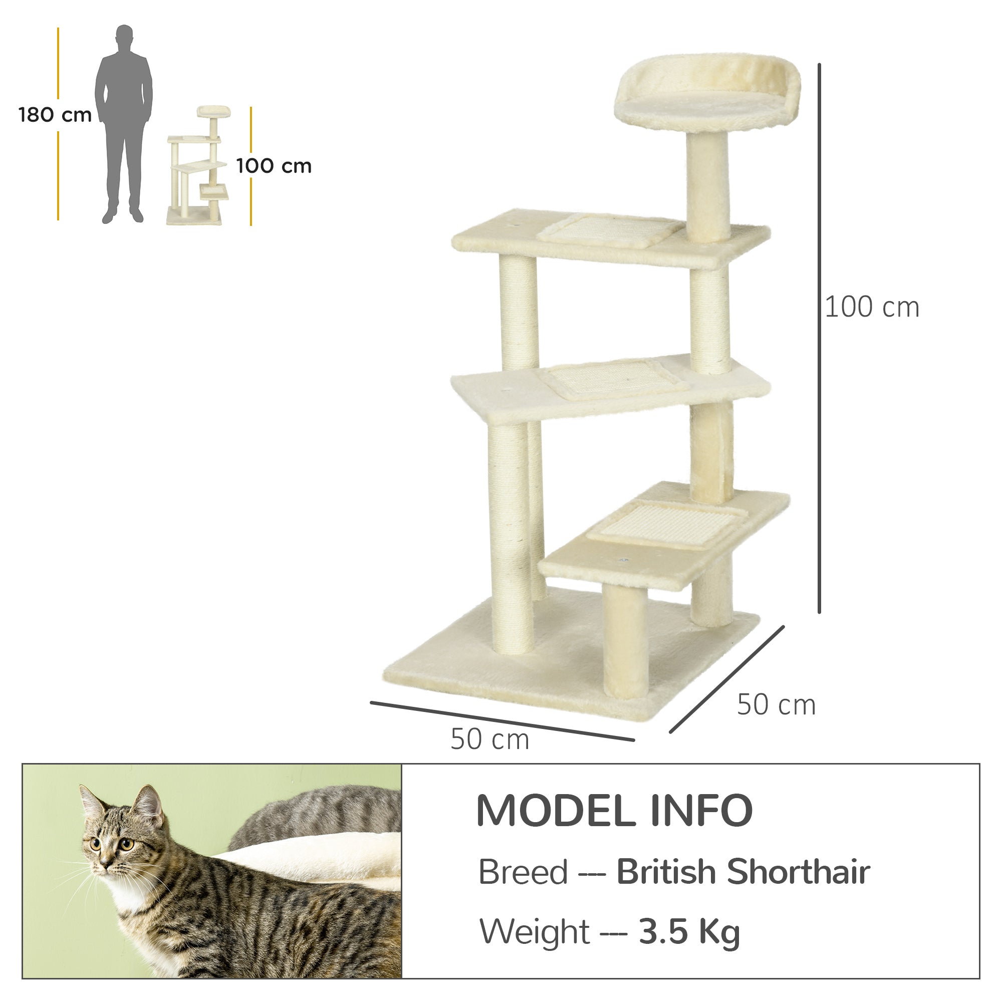 Cat Tree 100 cm Cat Tower with Sisal Posts, Large Platform, Multi-Level Cat Scratching Tree, Climbing Tree, for Small & Medium Cats, Beige
