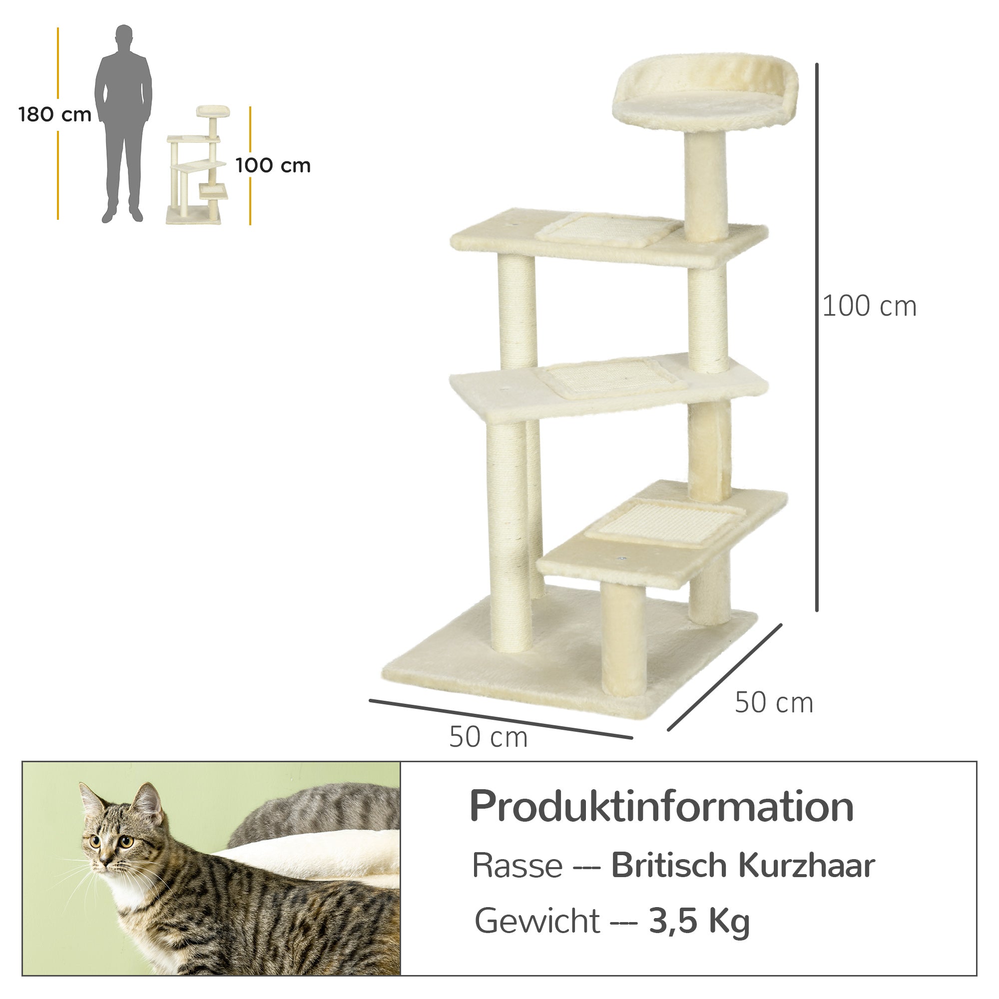 Cat Tree 100 cm Cat Tower with Sisal Posts, Large Platform, Multi-Level Cat Scratching Tree, Climbing Tree, for Small & Medium Cats, Beige