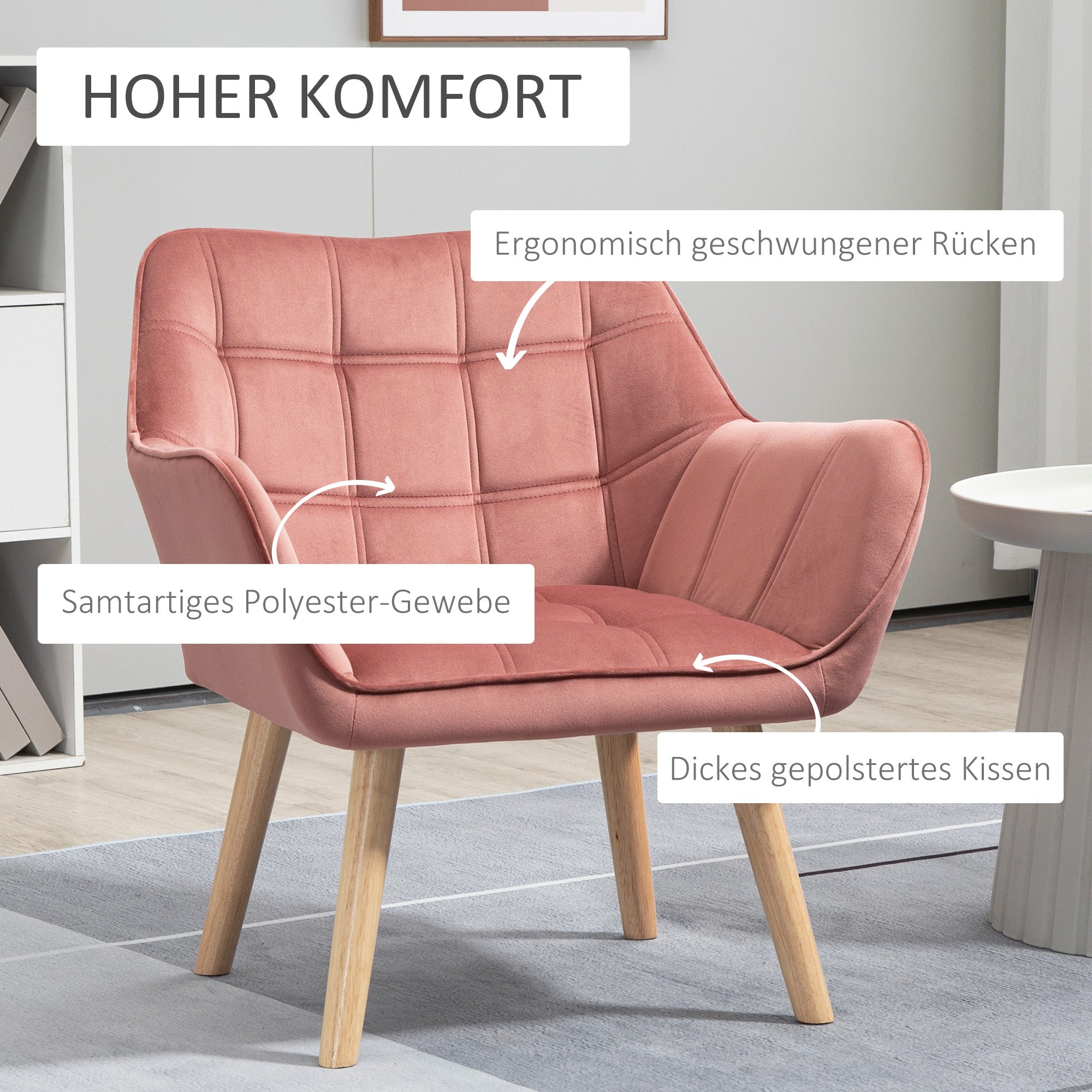 Chair Living Room Wing Chair Lounge Chair Recliner with Rubberwood Legs, Reading Chair with Velvet Look, Upholstered Chair for Bedroom, Scandinavian, Pink