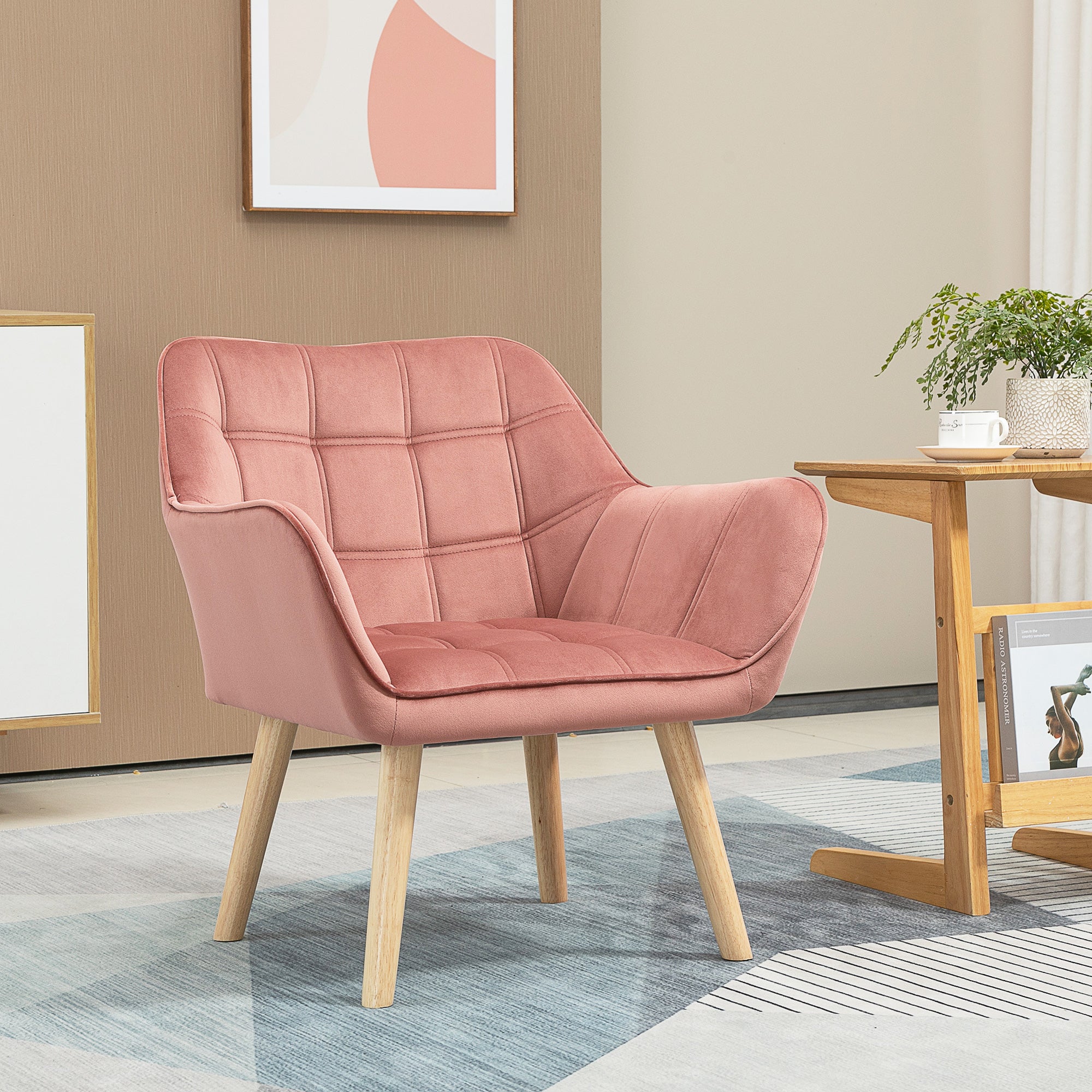 Chair Living Room Wing Chair Lounge Chair Recliner with Rubberwood Legs, Reading Chair with Velvet Look, Upholstered Chair for Bedroom, Scandinavian, Pink