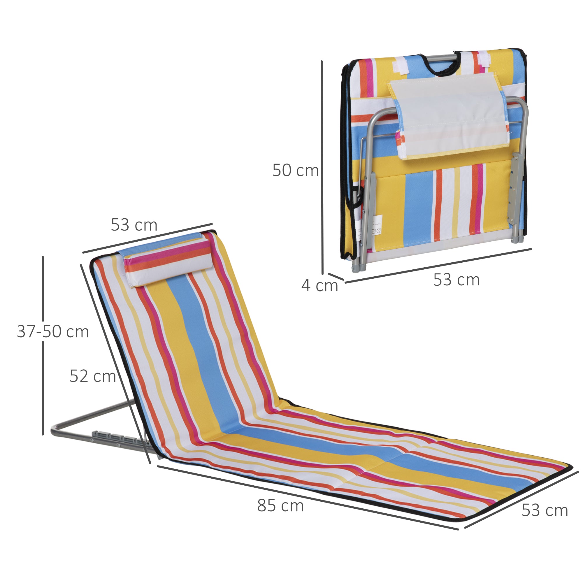2-Piece Set Folding Sun Lounger Beach Chairs Beach Chair with Adjustable Backrest Head Pillow Carry Bag Lightweight Portable Beach Mat, Outdoor Sun Mat for Garden, Pool 124 x 53 cm