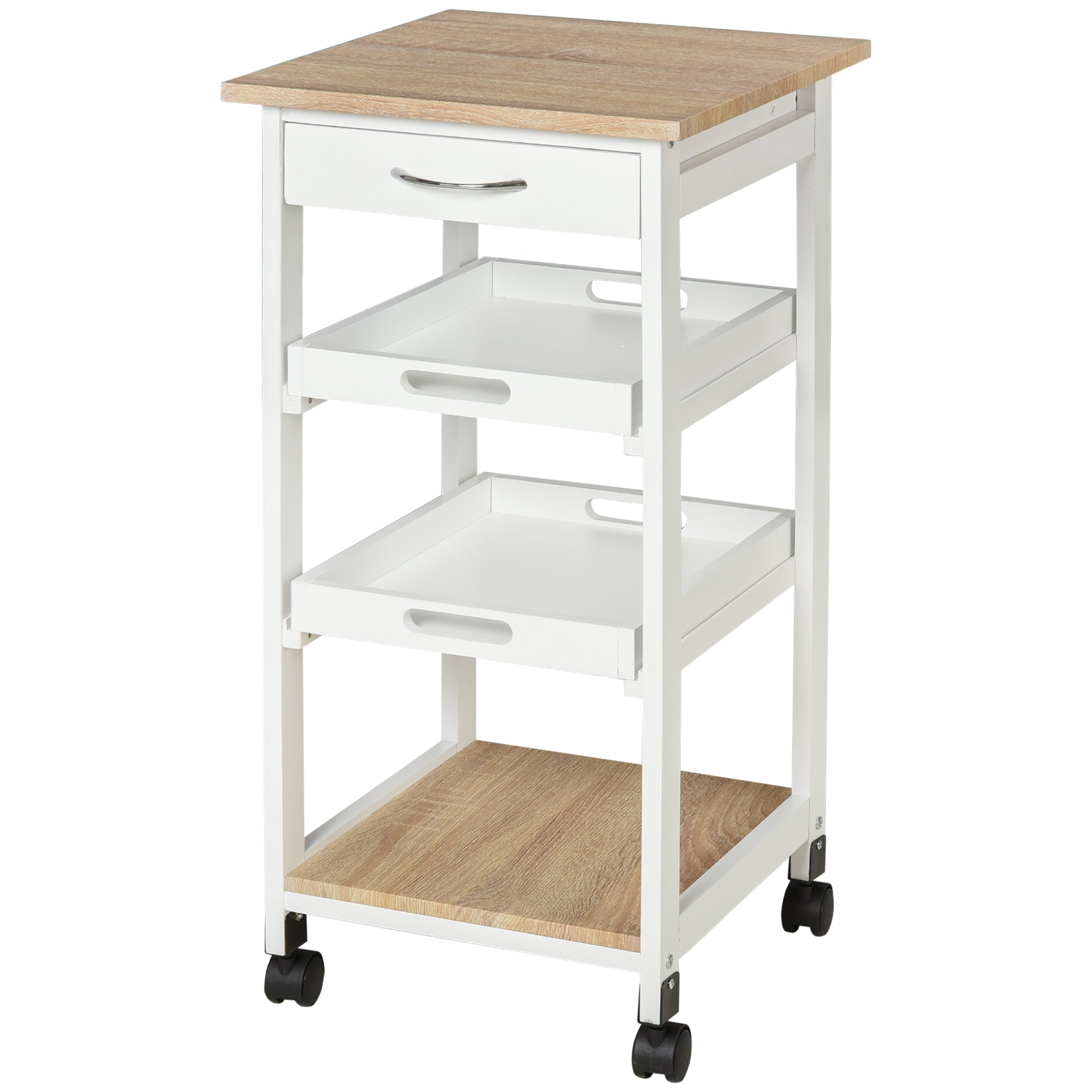 Kitchen Trolley Serving Trolley with Wheels 2 Removable Trays, Drawer, Light Oak Shelf Pine White