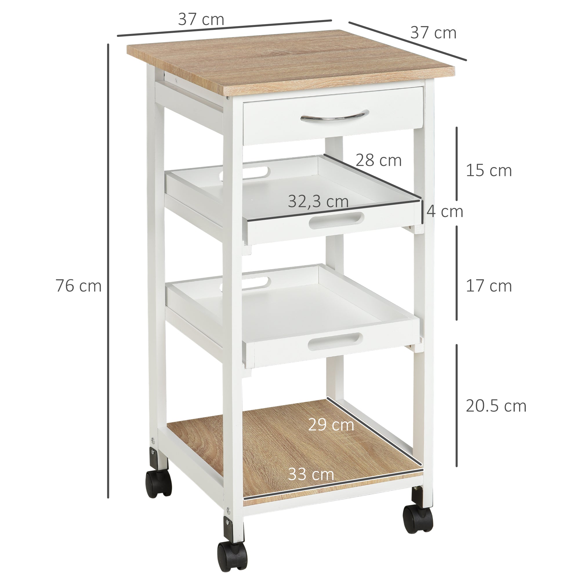 Kitchen Trolley Serving Trolley with Wheels 2 Removable Trays, Drawer, Light Oak Shelf Pine White