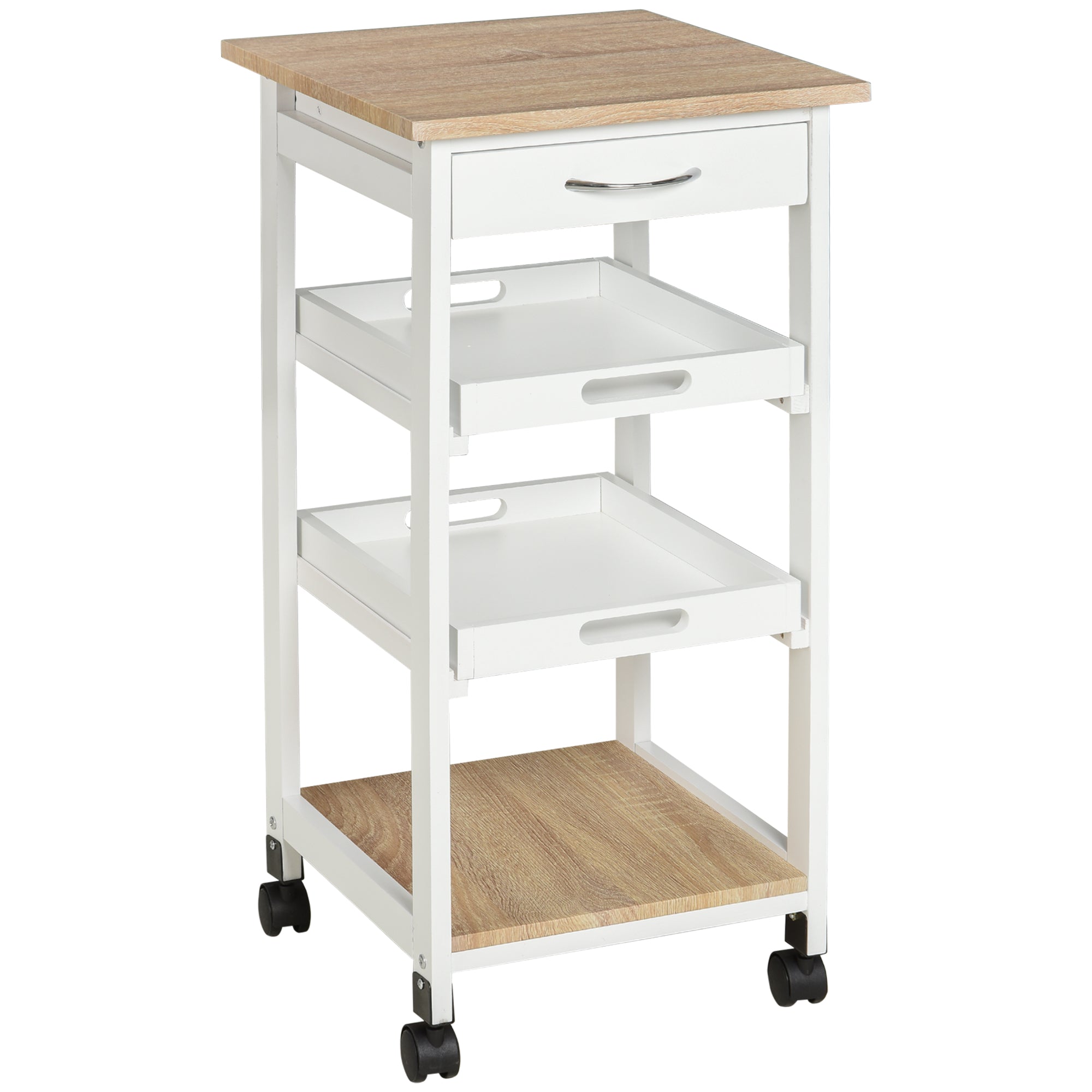 Kitchen Trolley Serving Trolley with Wheels 2 Removable Trays, Drawer, Light Oak Shelf Pine White