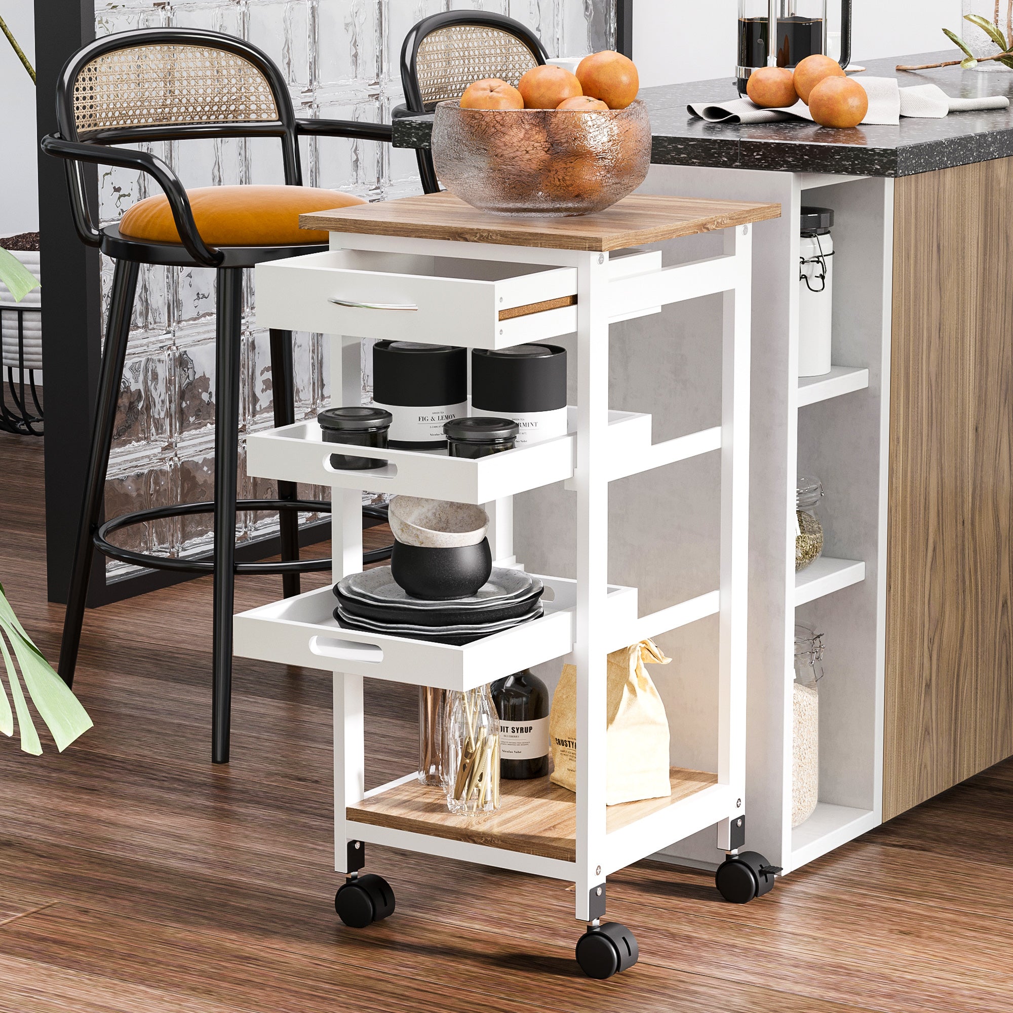 Kitchen Trolley Serving Trolley with Wheels 2 Removable Trays, Drawer, Light Oak Shelf Pine White