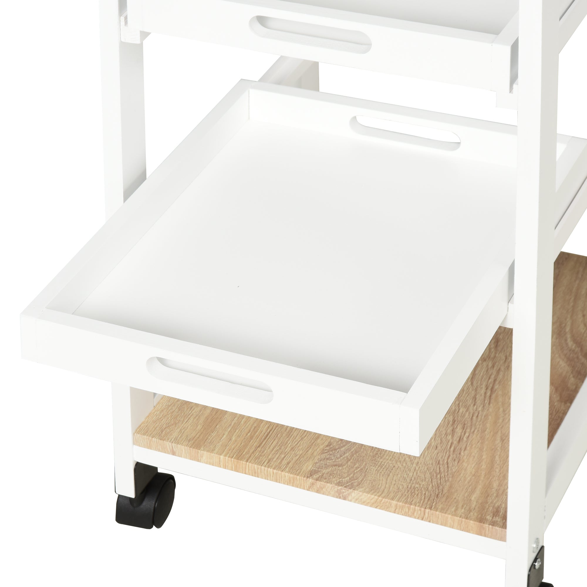 Kitchen Trolley Serving Trolley with Wheels 2 Removable Trays, Drawer, Light Oak Shelf Pine White