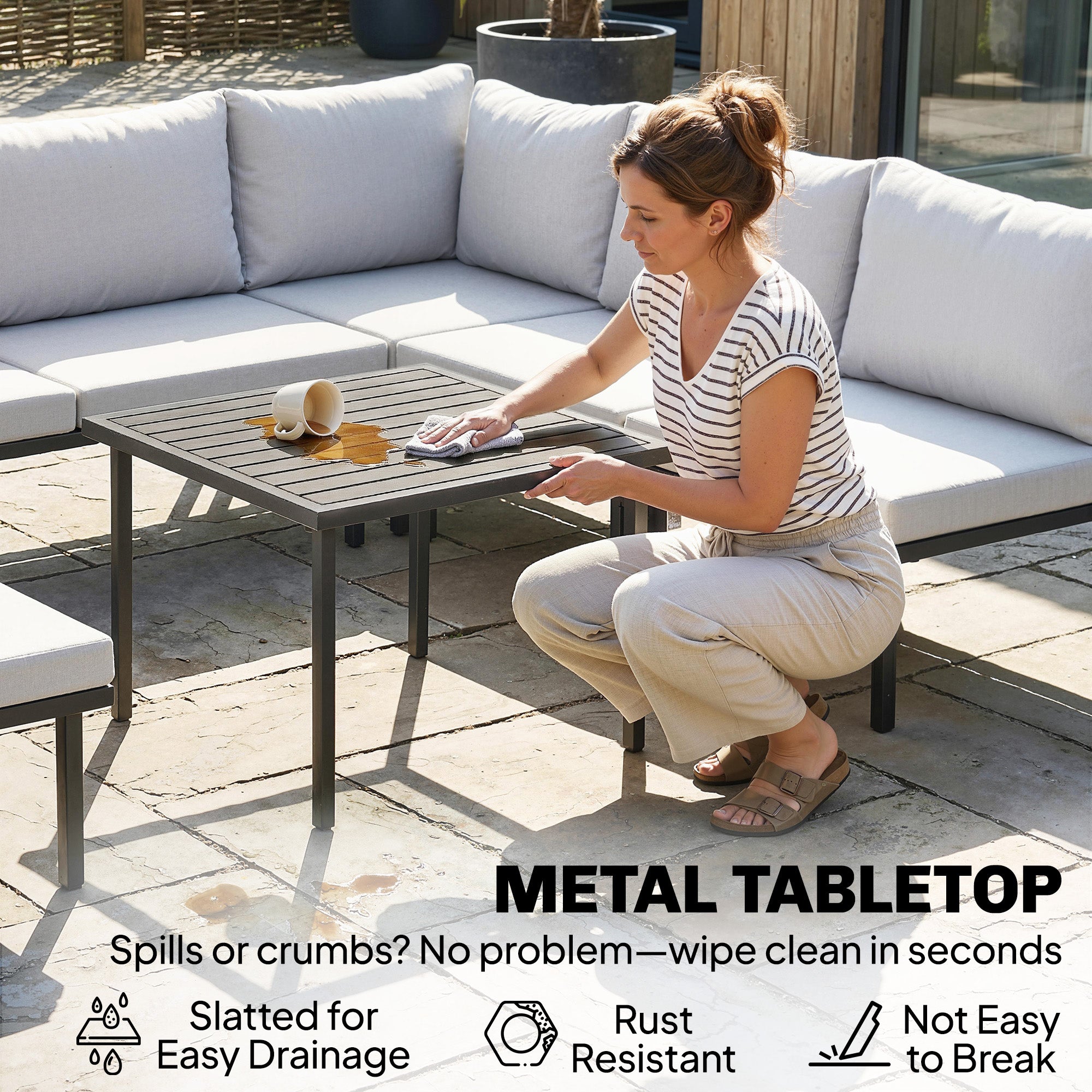 6-Piece Outdoor Lounge Set for 5–6 People — 2-Seat Sofa, Corner Chair, 2 Armless Chairs, Ottoman & Slatted Metal Coffee Table — Thick Cushions, Light Gray