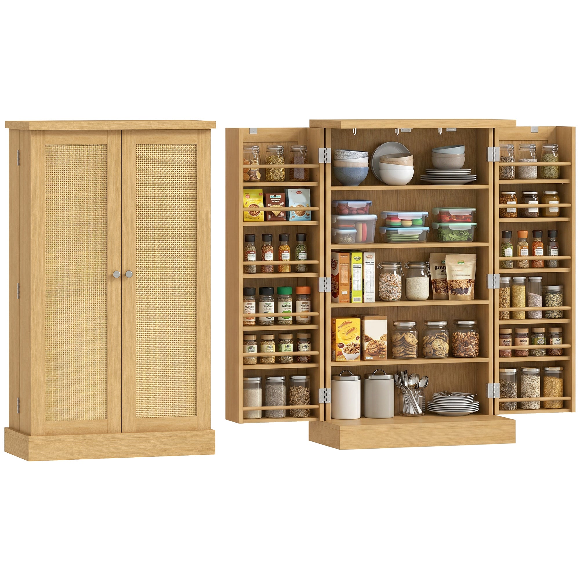 40.9" Kitchen Pantry Cabinet – Rattan Doors, 5-Tier Shelving, 12 Spice Slots & Adjustable Shelves, Natural