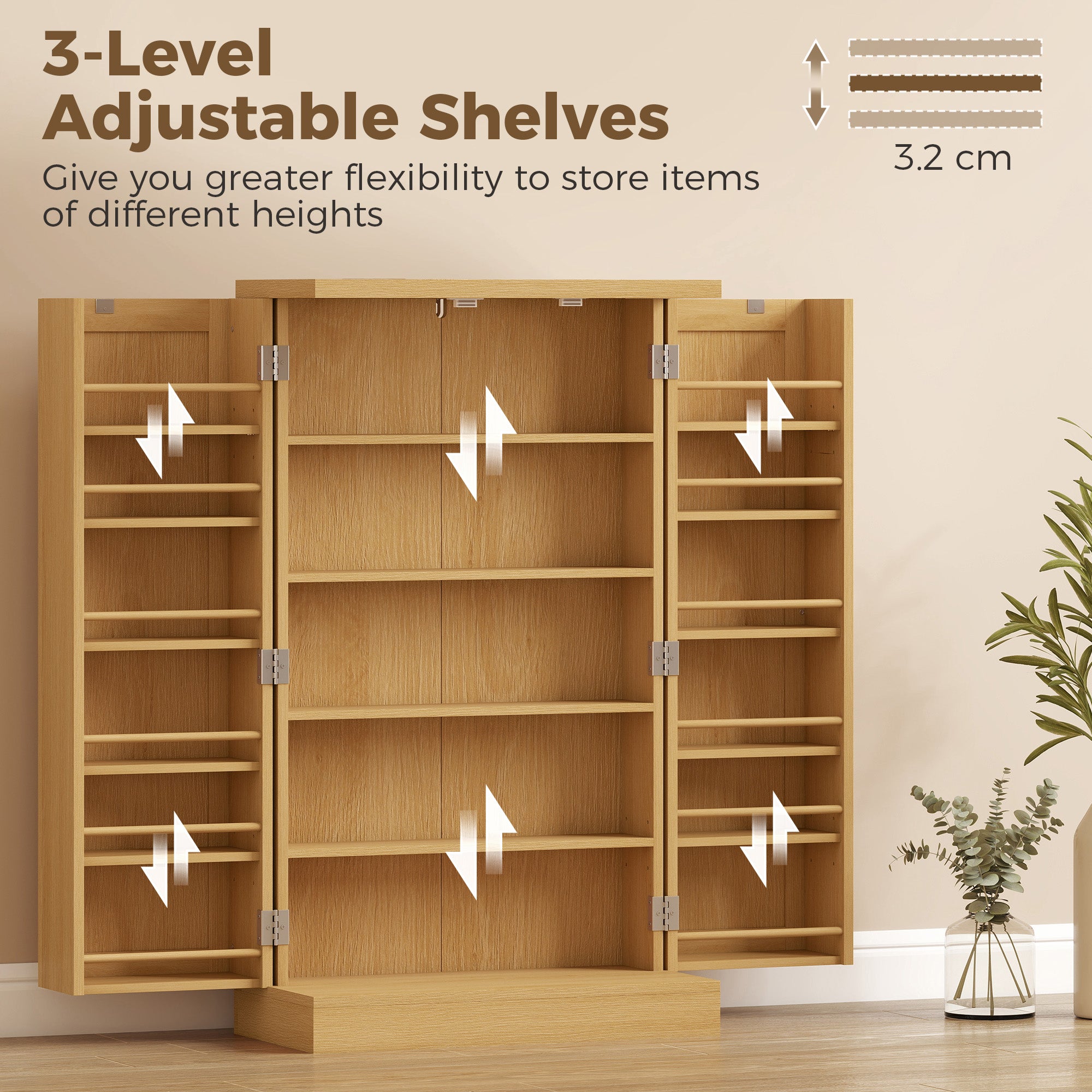 40.9" Kitchen Pantry Cabinet – Rattan Doors, 5-Tier Shelving, 12 Spice Slots & Adjustable Shelves, Natural