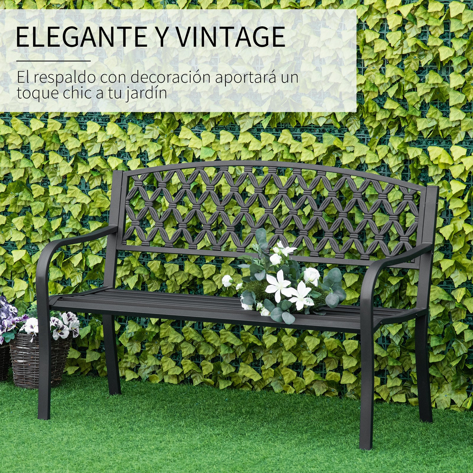 2-Seater Garden Bench with Decorative Backrest and Armrests for Terrace Balcony Patio Outdoor Load 240 kg Cast Iron and Steel 128x58.5x89 cm Black