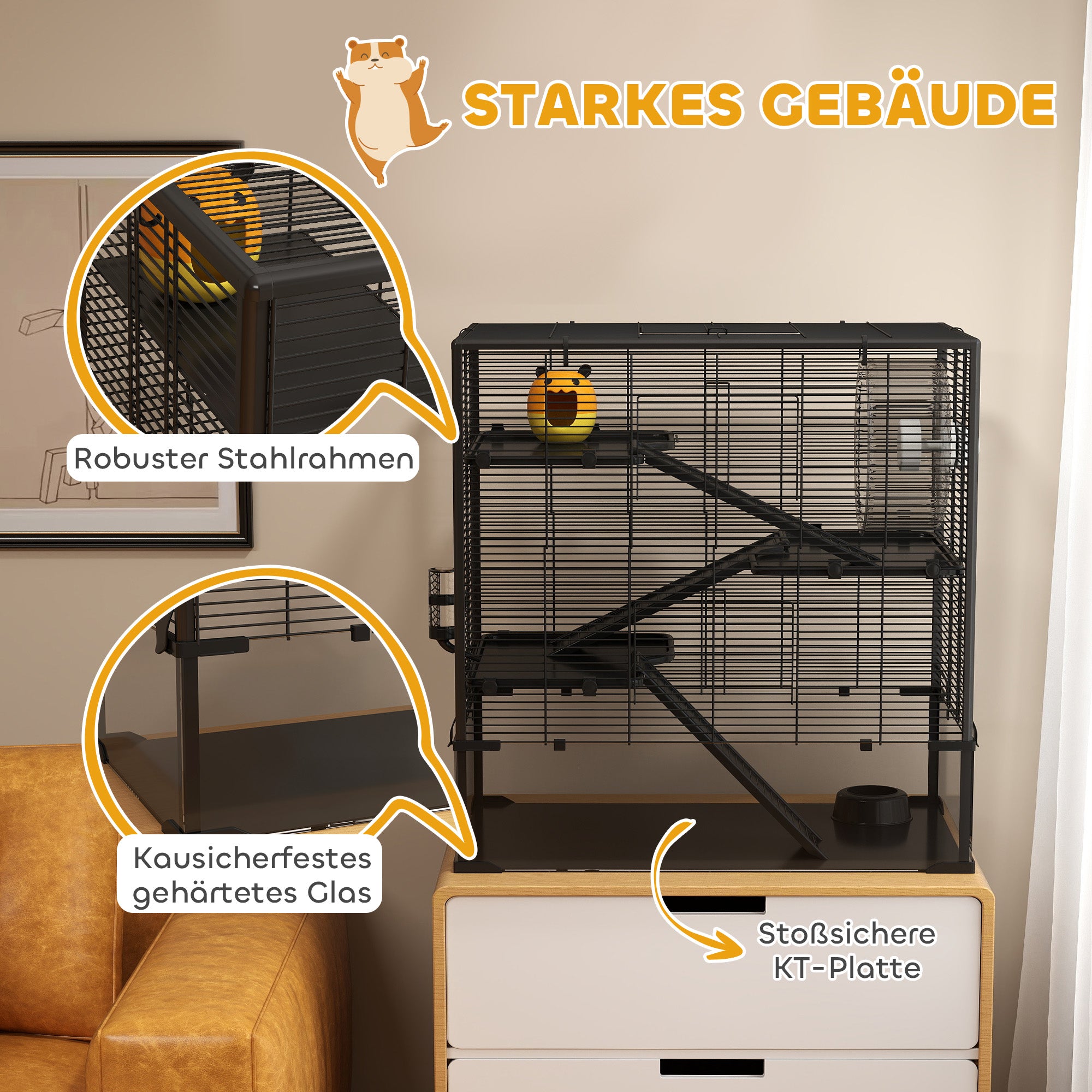 Hamster Cage for Dwarf Hamsters, 4-Level Rodent Cage with Glass Bottom, Hut, Wheel, Ramps, Feeding Bowl, Small Animal Cage for Dwarf Hamsters 78.5 x 48.5 x 80 cm Black