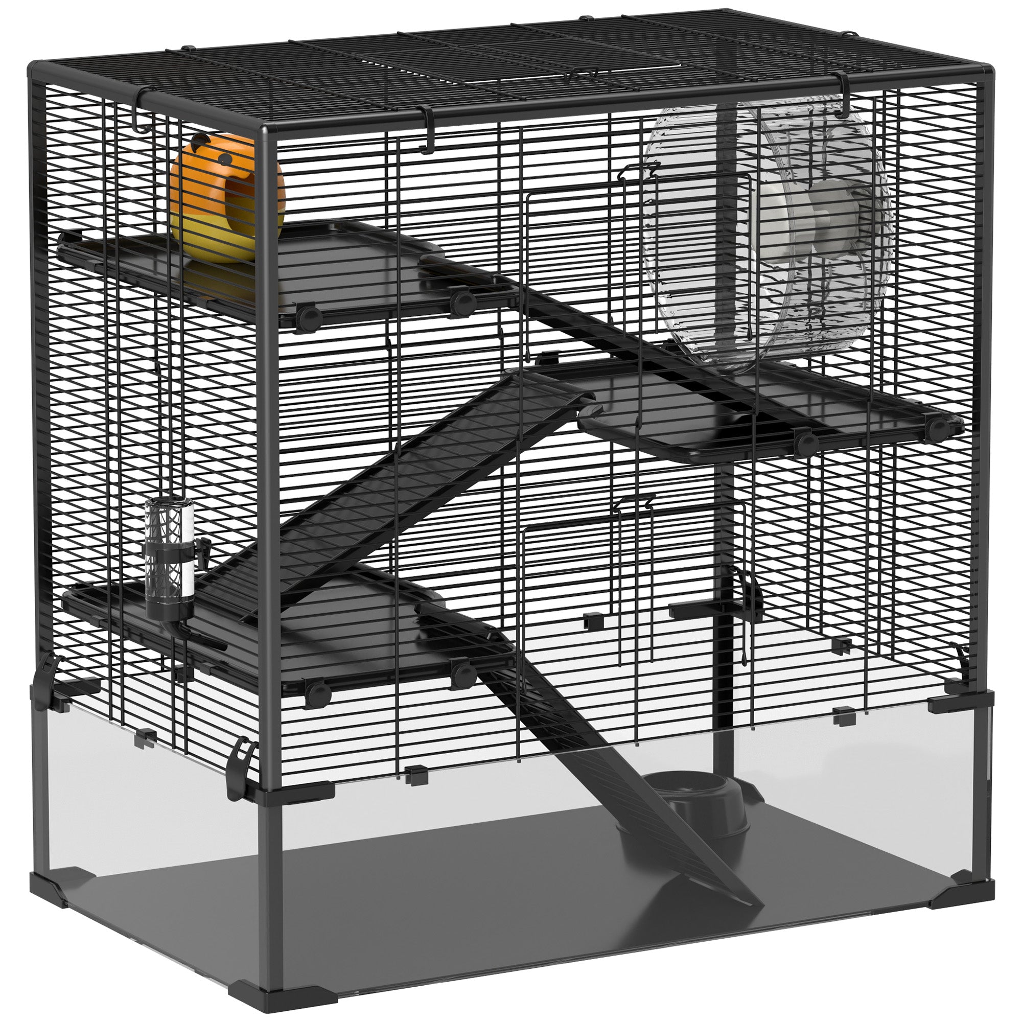 Hamster Cage for Dwarf Hamsters, 4-Level Rodent Cage with Glass Bottom, Hut, Wheel, Ramps, Feeding Bowl, Small Animal Cage for Dwarf Hamsters 78.5 x 48.5 x 80 cm Black