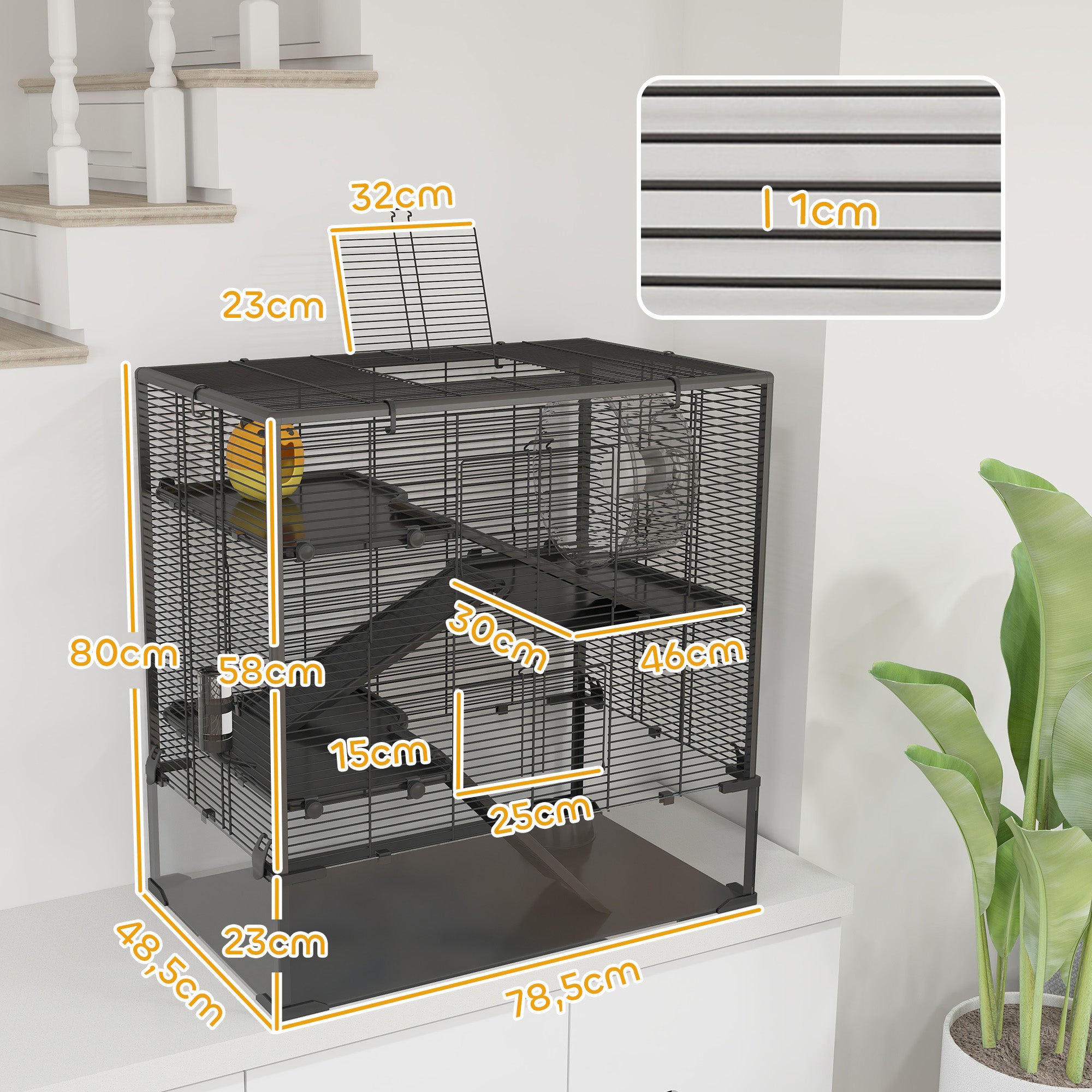 Hamster Cage for Dwarf Hamsters, 4-Level Rodent Cage with Glass Bottom, Hut, Wheel, Ramps, Feeding Bowl, Small Animal Cage for Dwarf Hamsters 78.5 x 48.5 x 80 cm Black